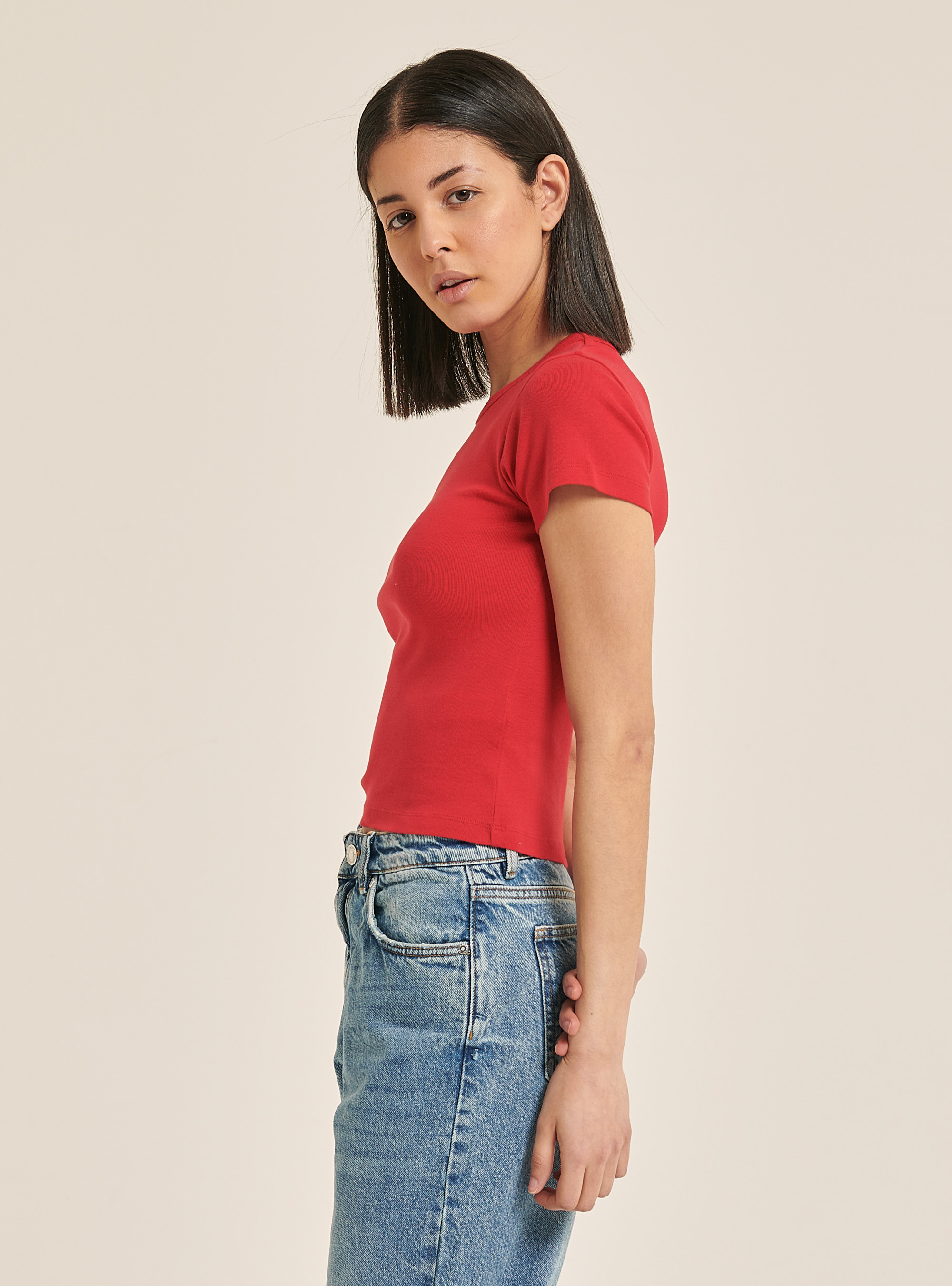 T-shirt côtelé crop, C3393 RED