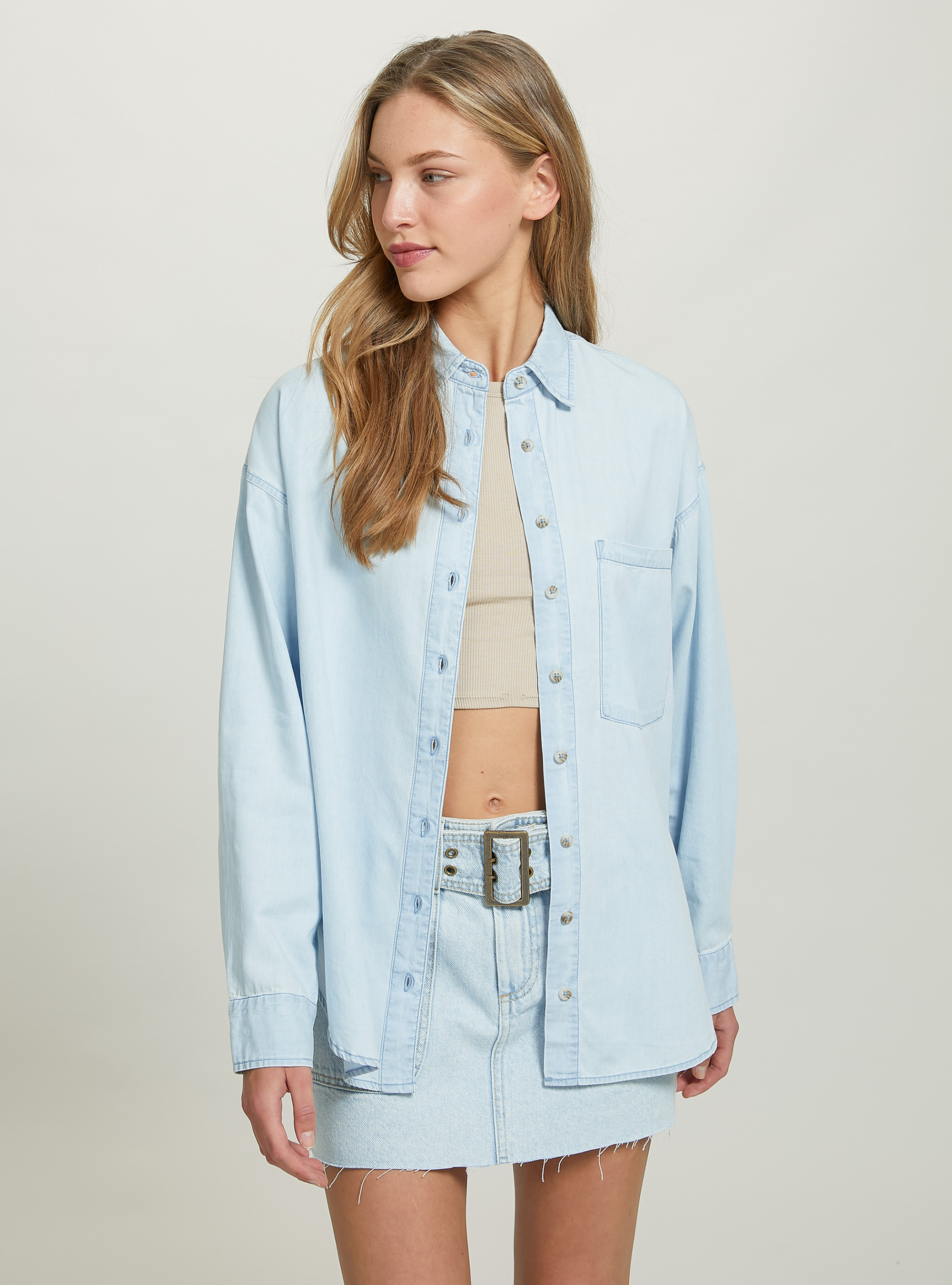 Camicia in denim oversize, D007 LIGHT AZURE