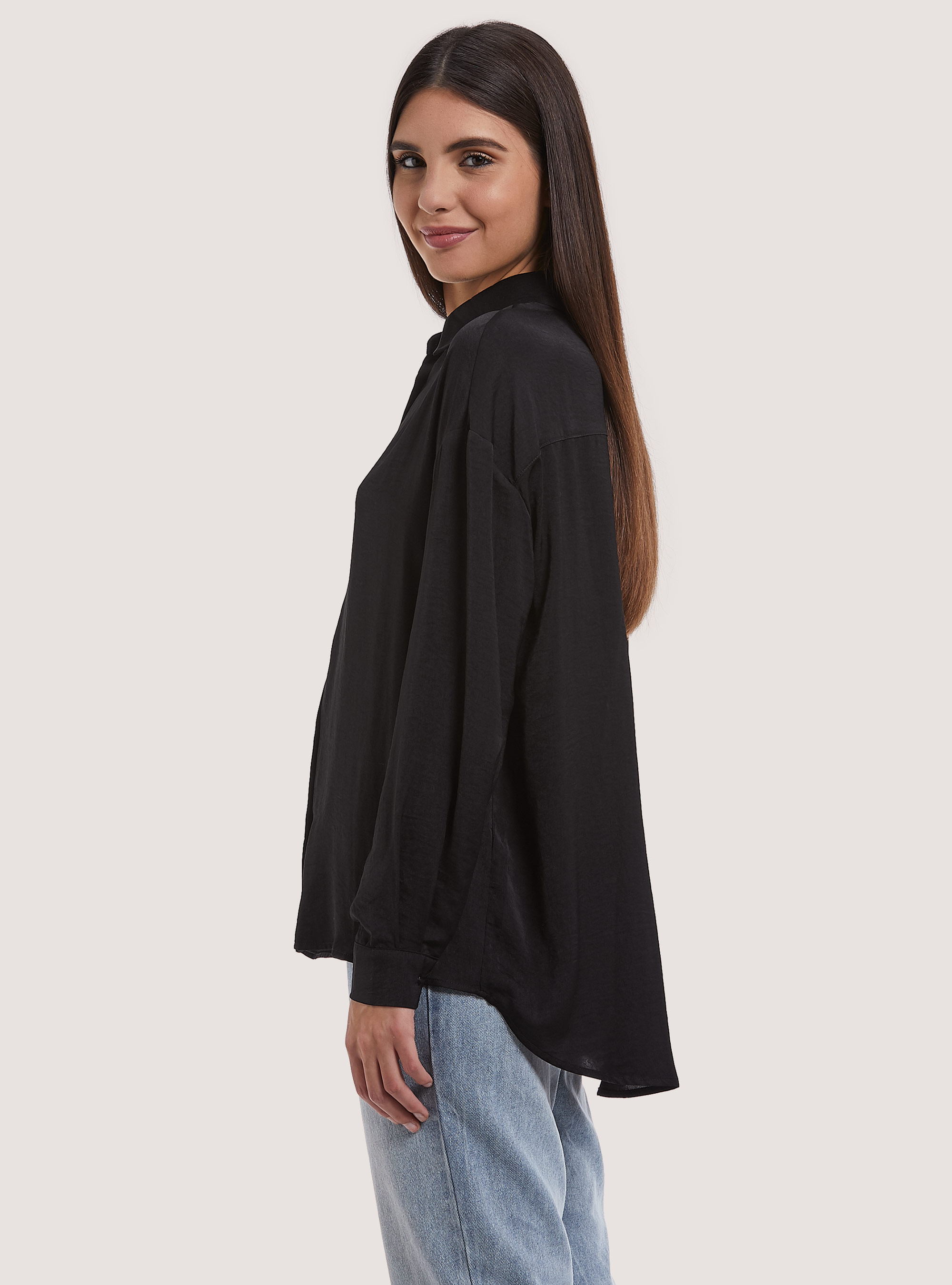 Solid-coloured satin shirt, BK1 BLACK