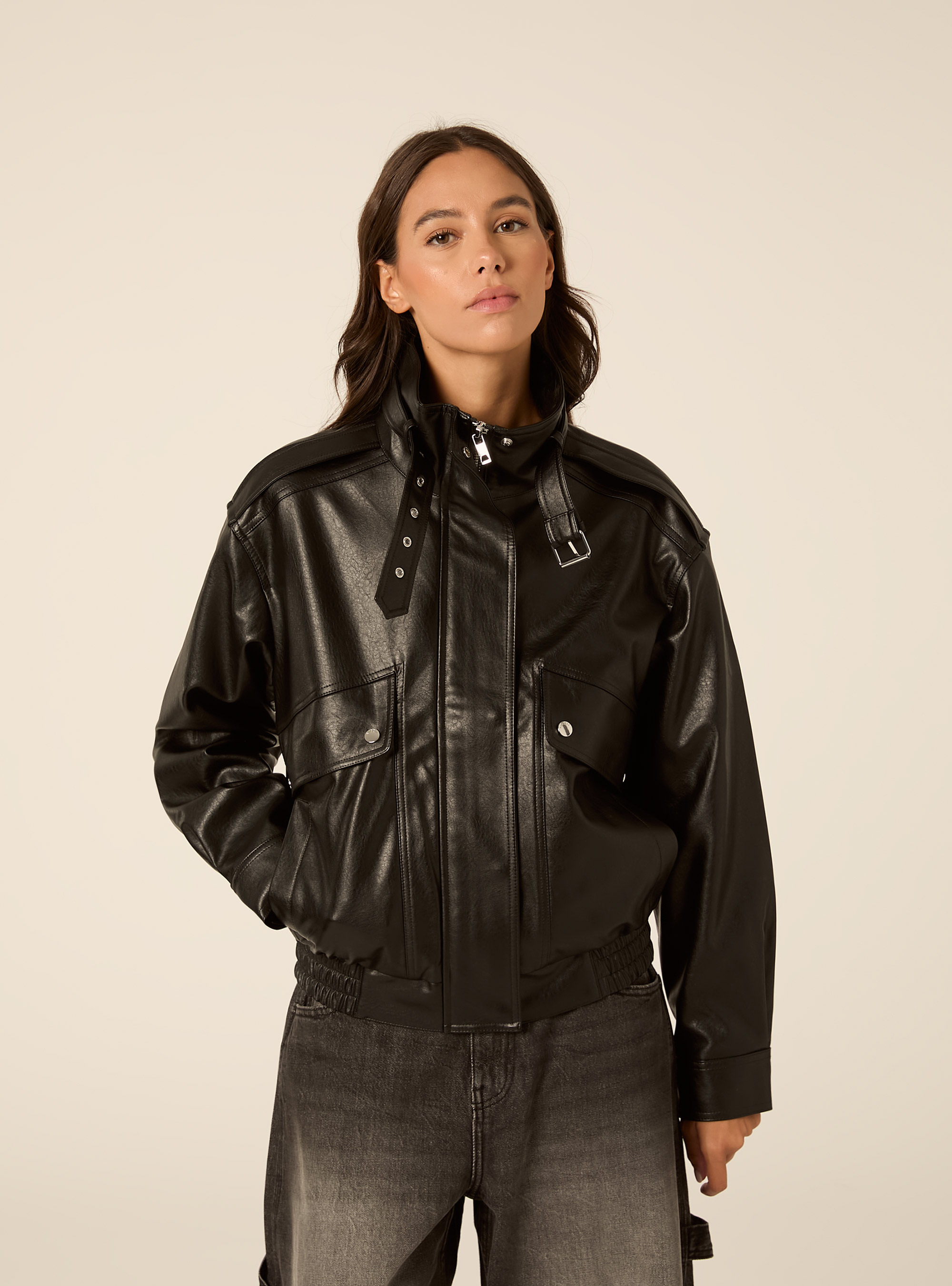 Giubbotto bomber effetto pelle, BK1 BLACK