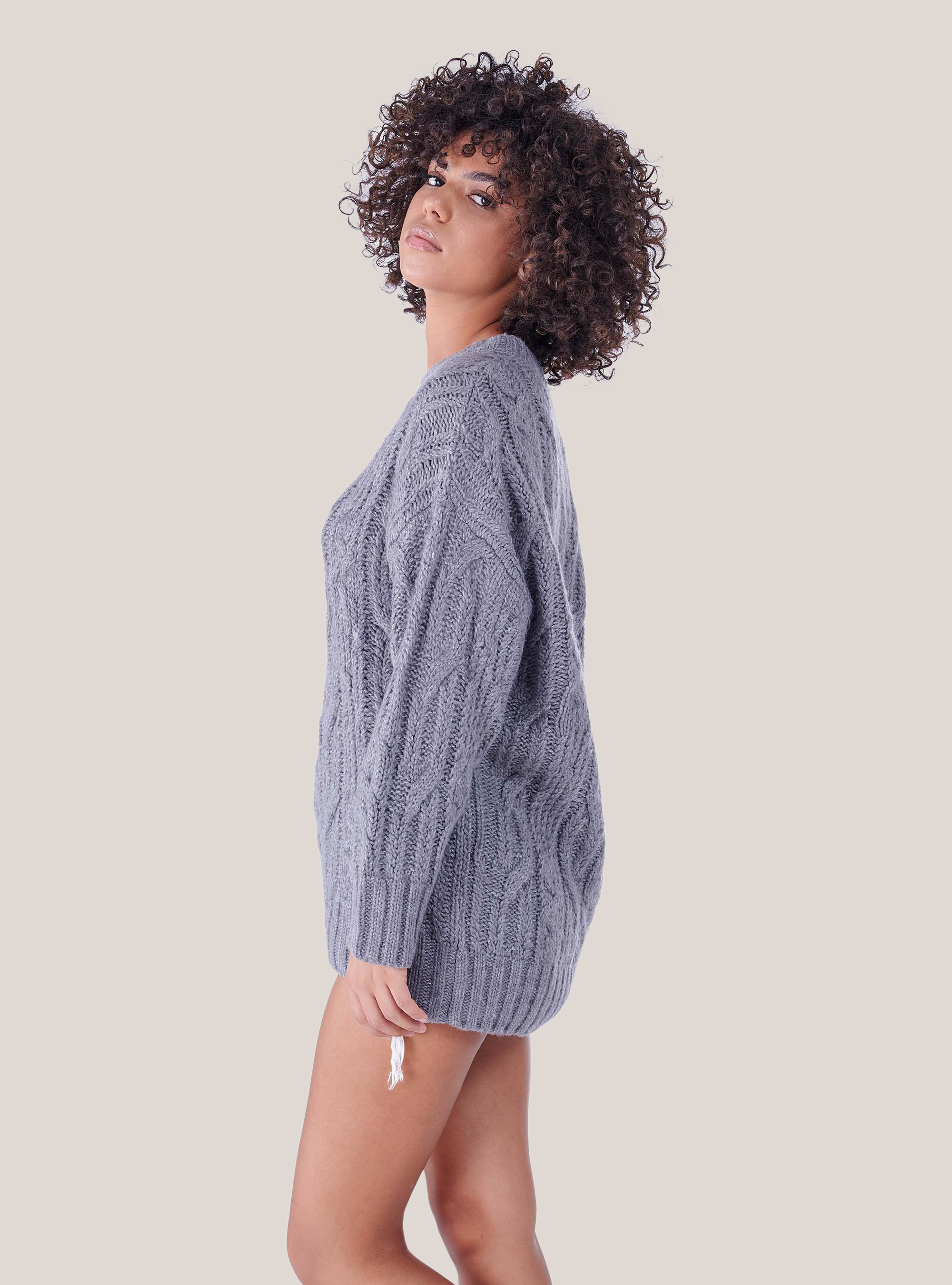 Pull à col rond en maille torsadée, C146 GREY MEL