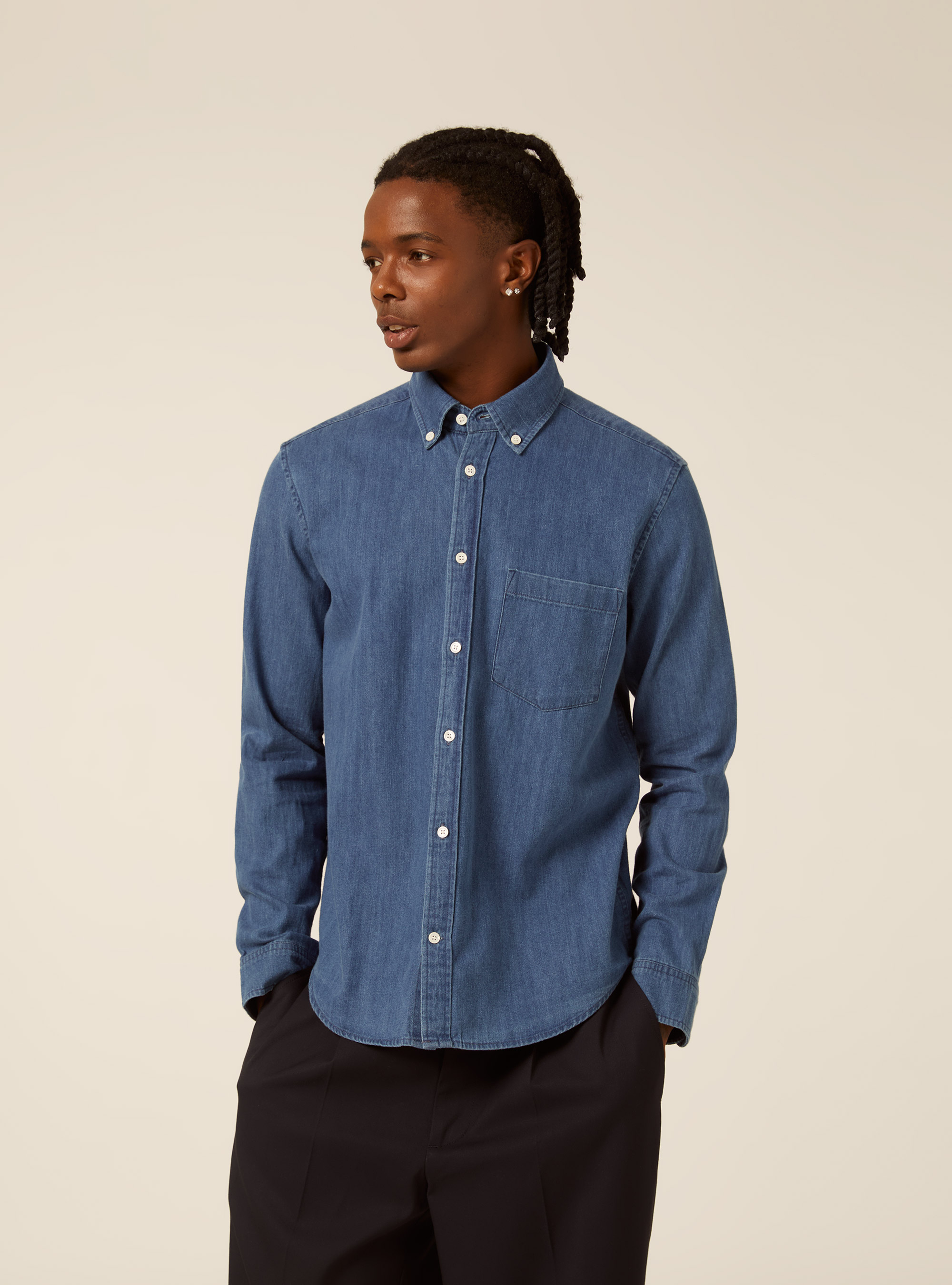 Camicia in denim button down, D006 AZURE