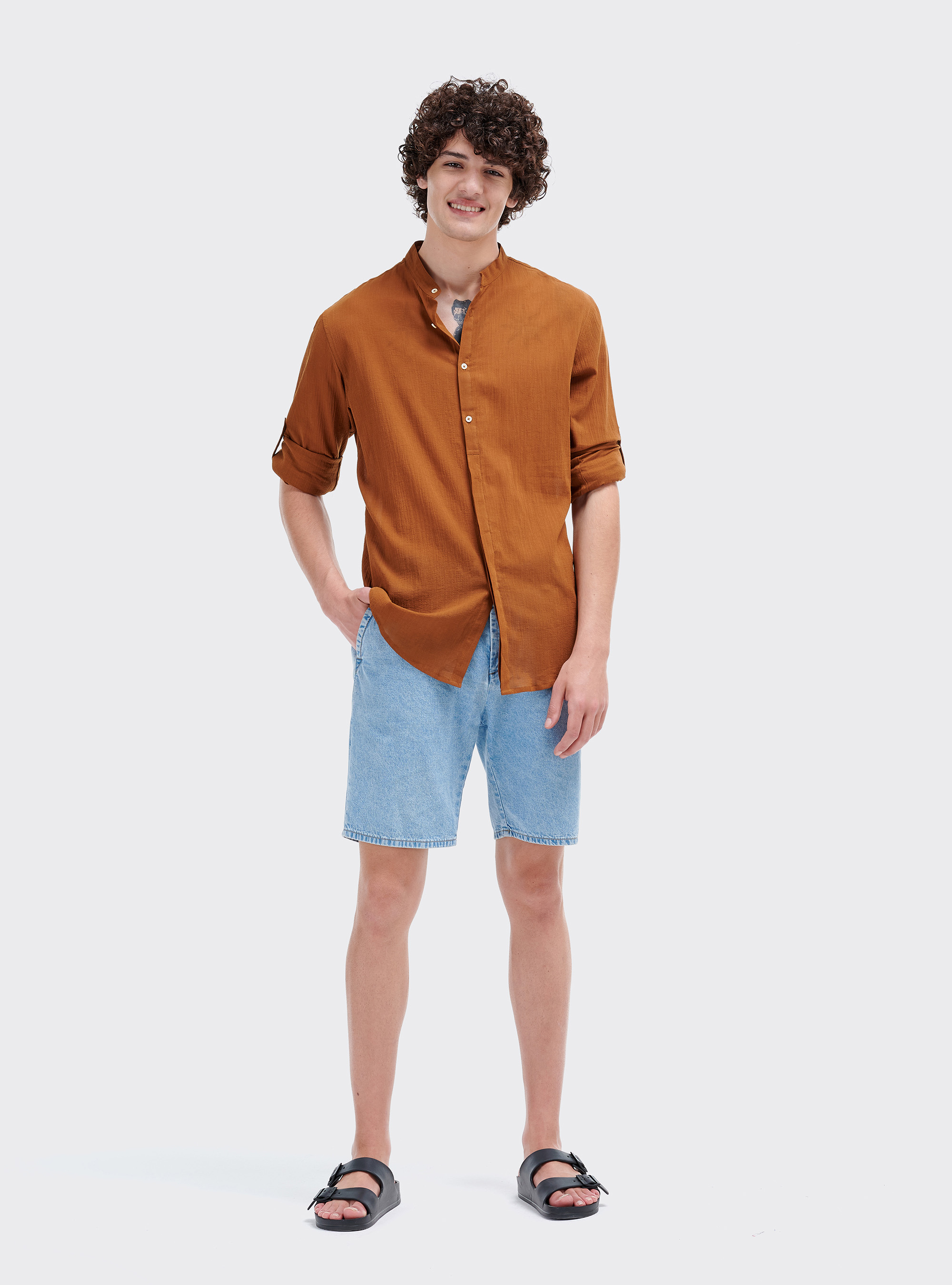 Camicia collo coreano manica lunga, C5573 TOBACCO