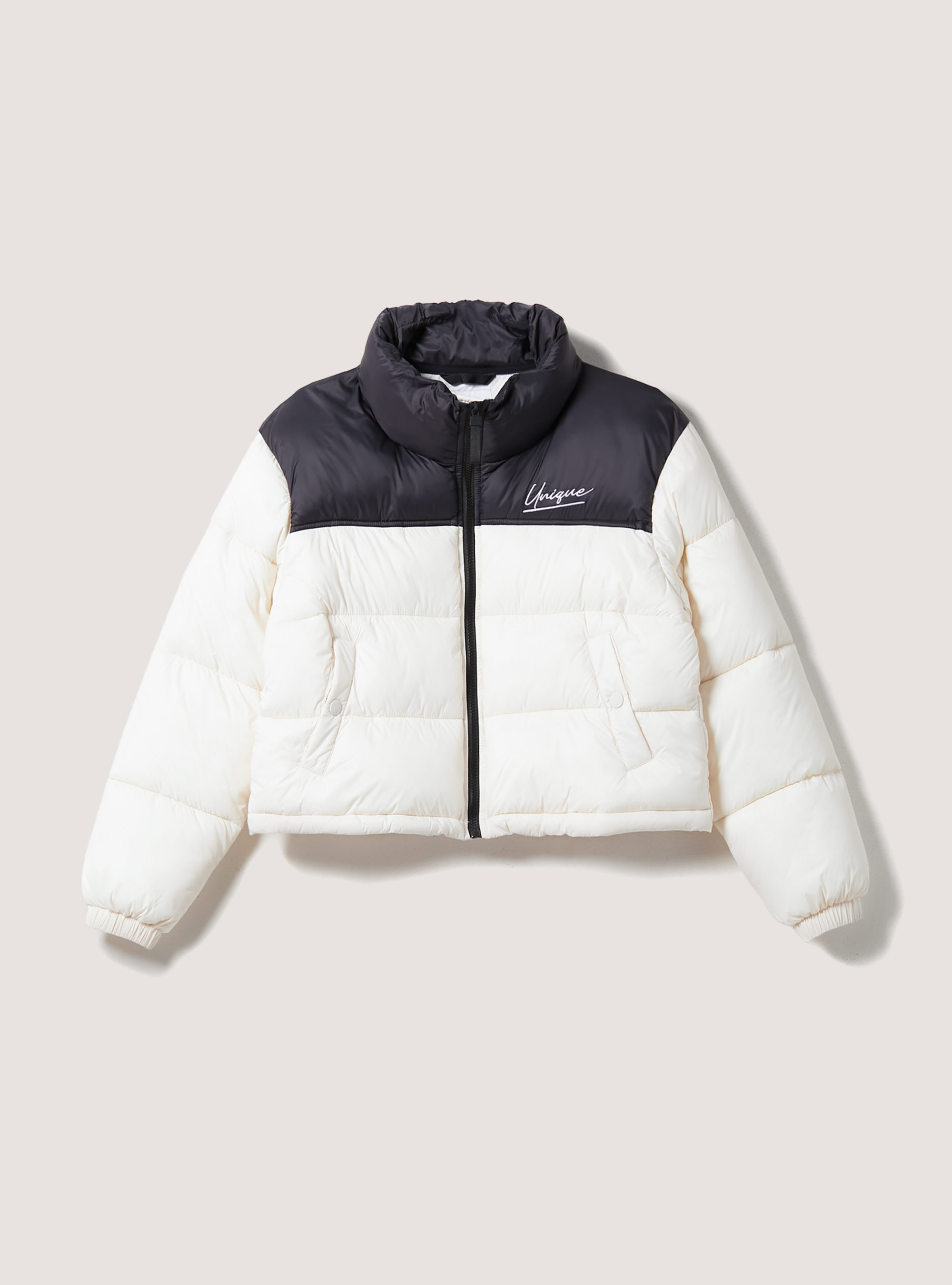 Cropped jacket in colour block with recycled padding, WH1 OFF WHITE