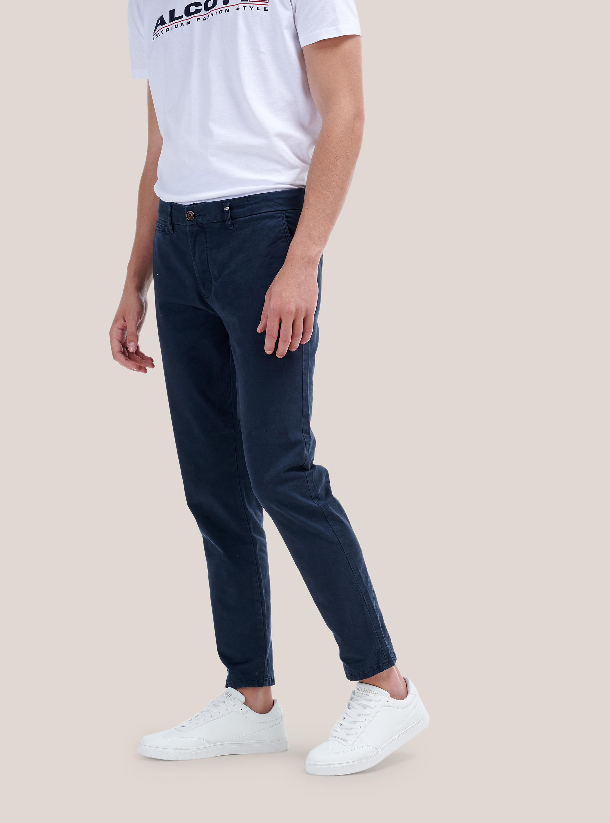 Pantaloni chinos twill stretch in cotone sostenibile, BLU MARINO