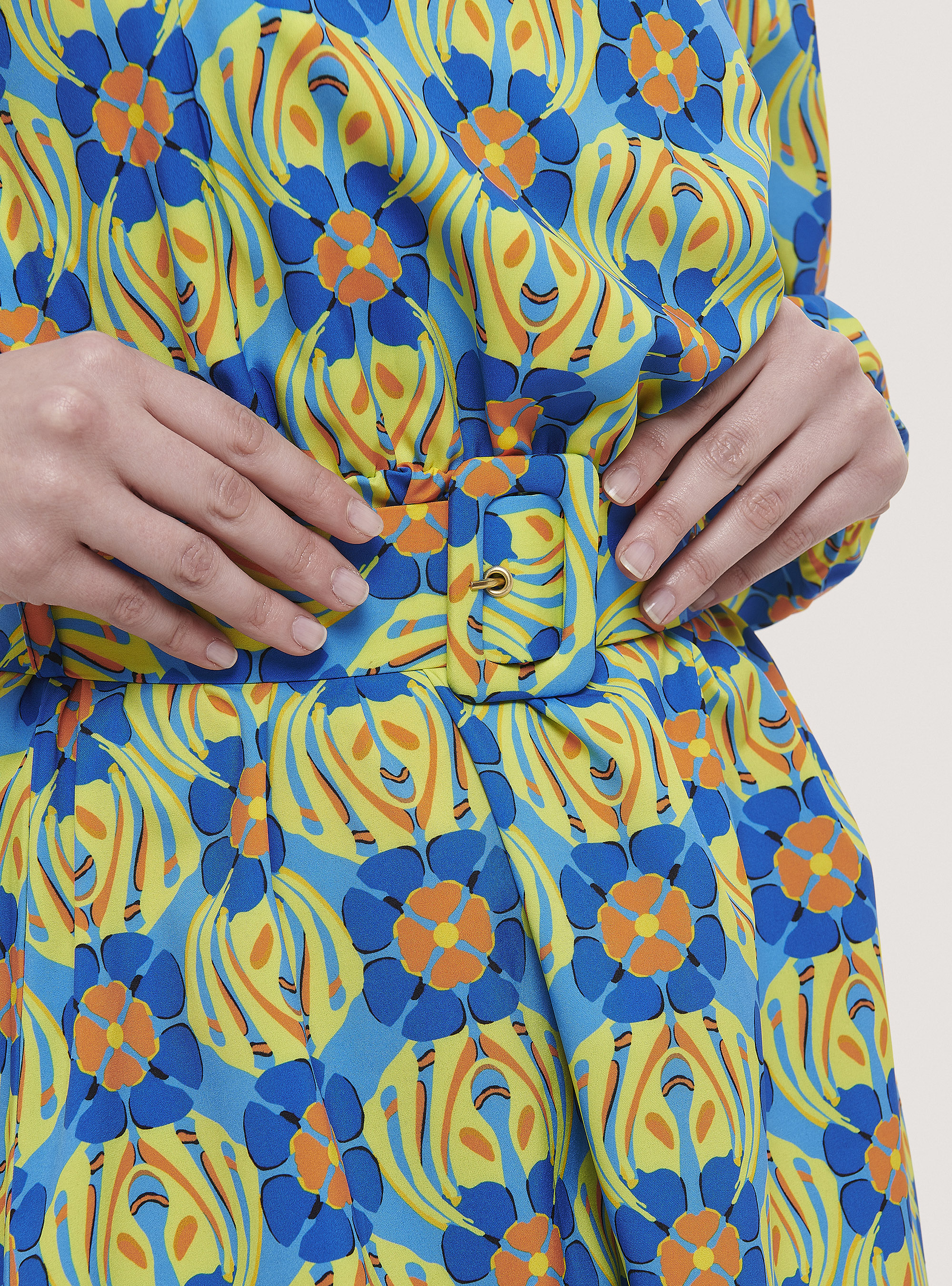 Dress with floral print and waistband, C0299 AZZURRE