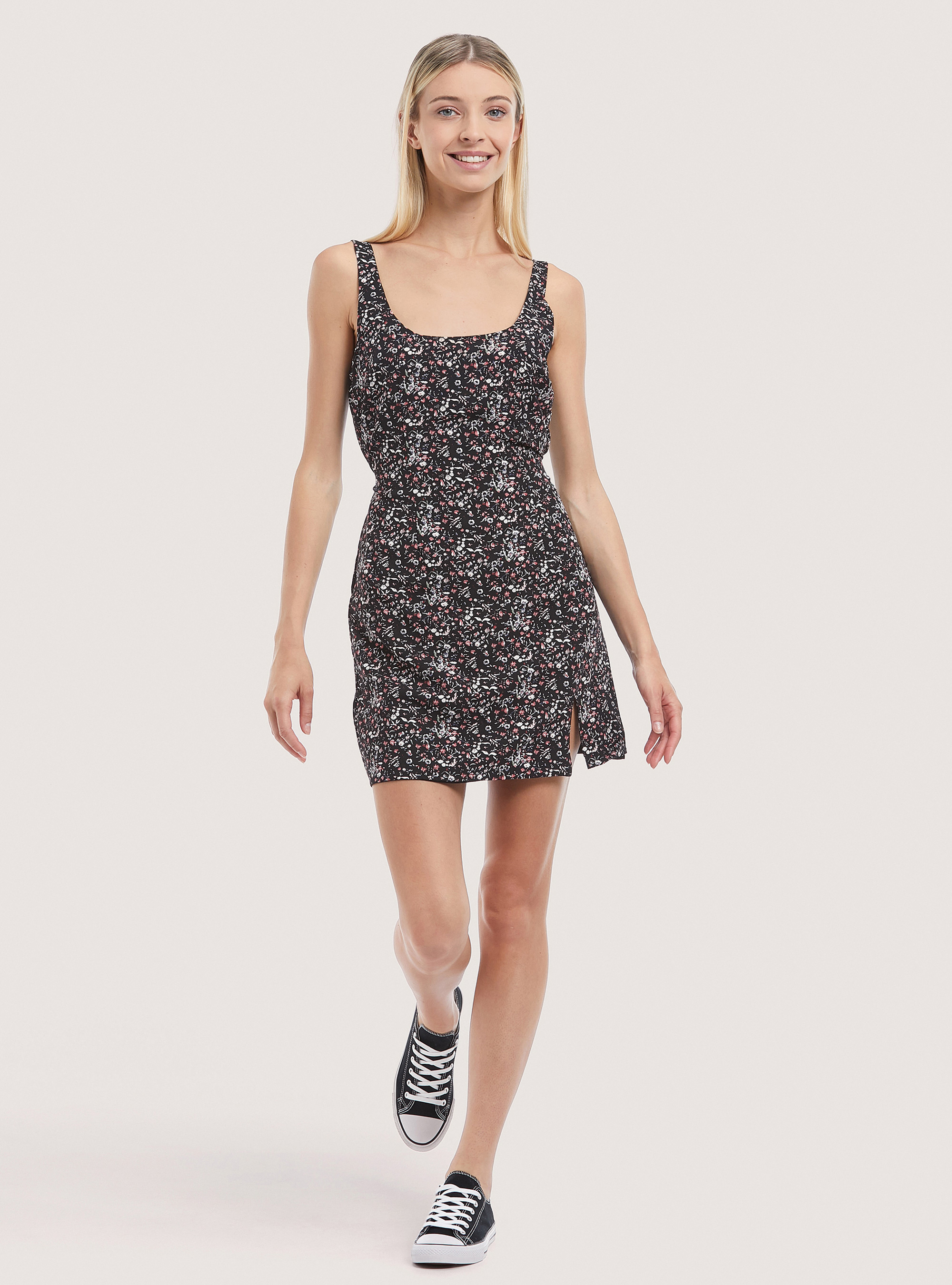 Floral mini dress, BLACK