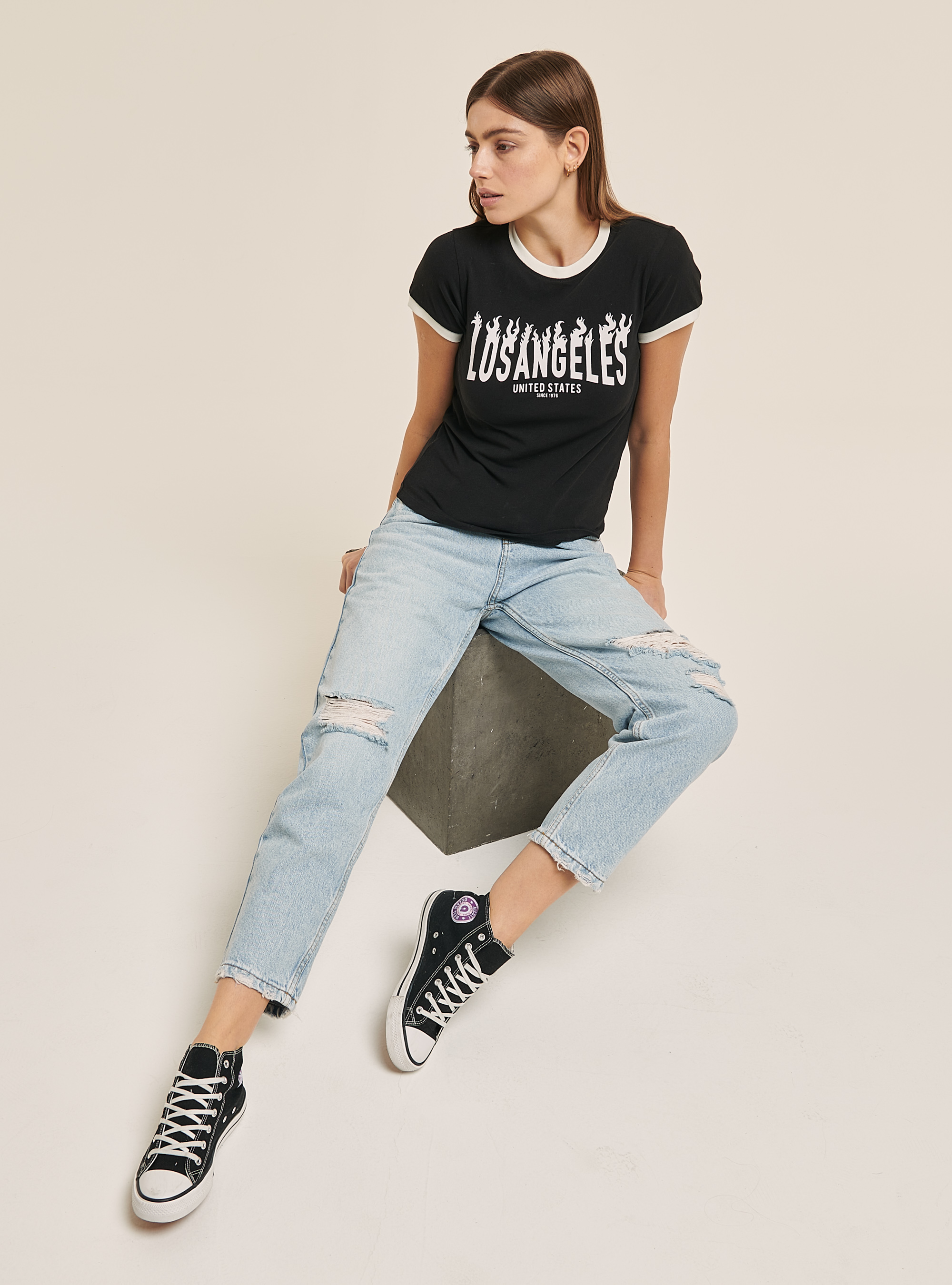 T-Shirt im College-Stil mit Aufdruck, C101 BLACK