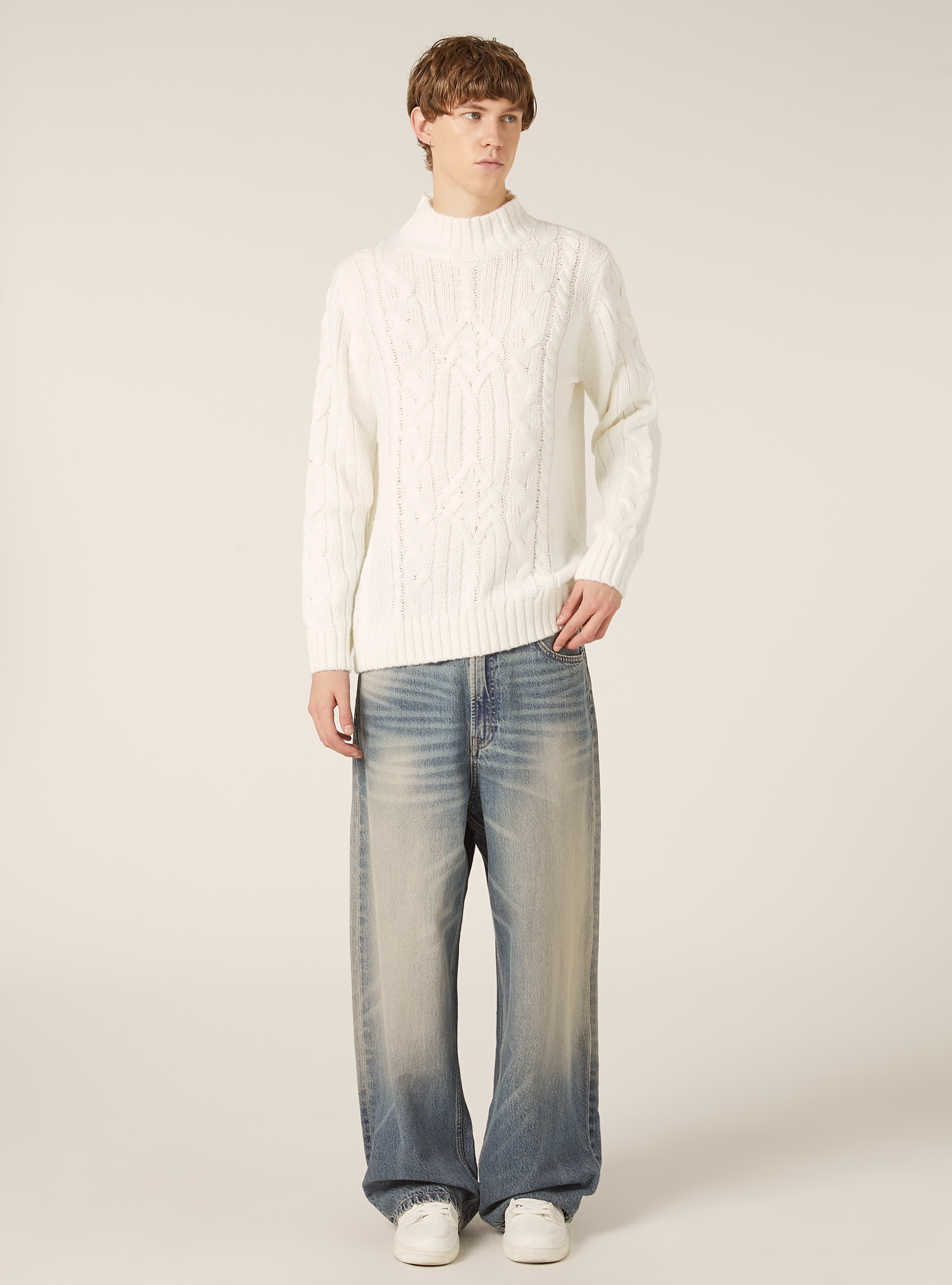 Pullover mezzo collo con trecce, WH2 WHITE
