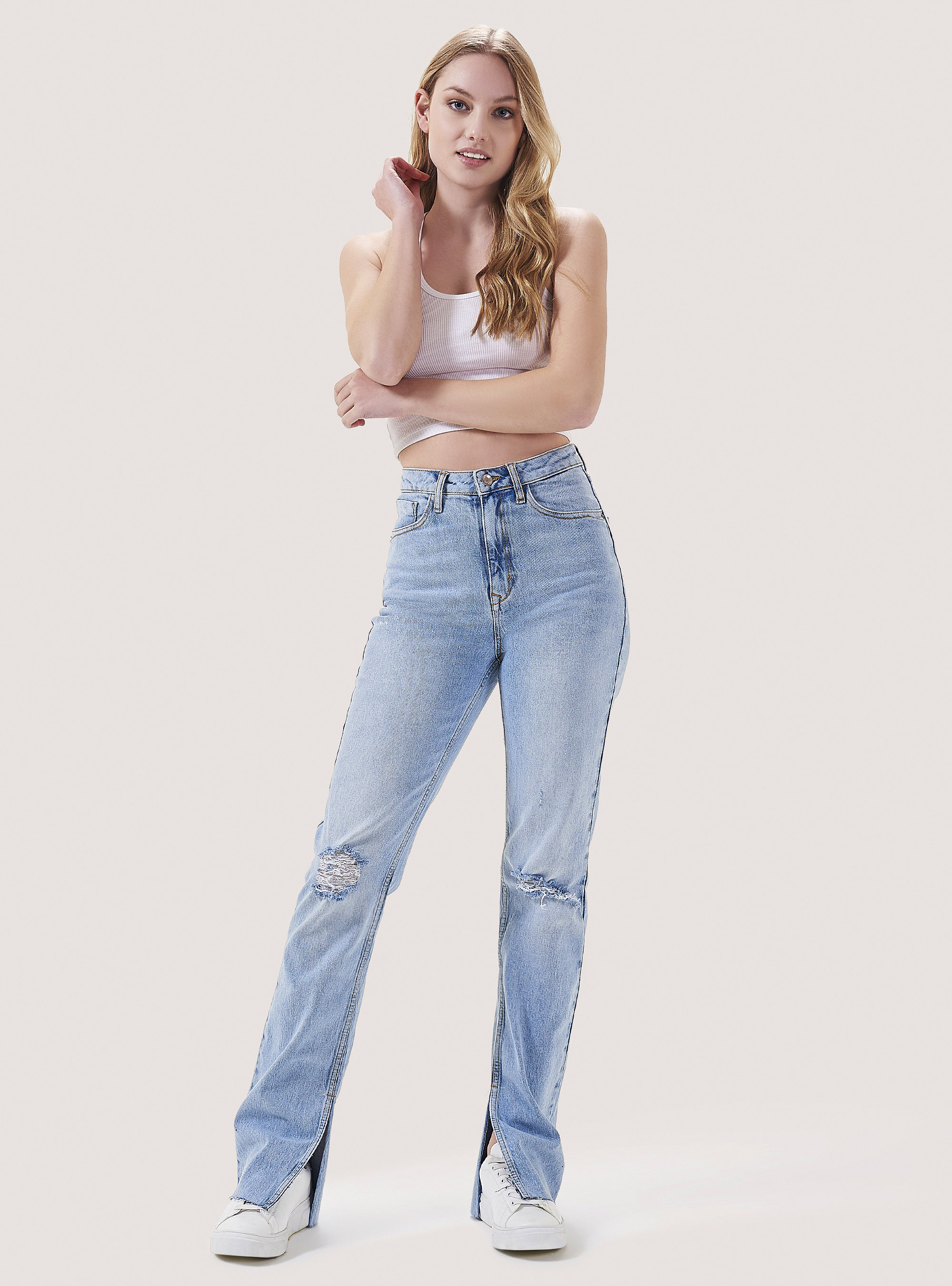 Flare jeans with side slits, D006 AZURE