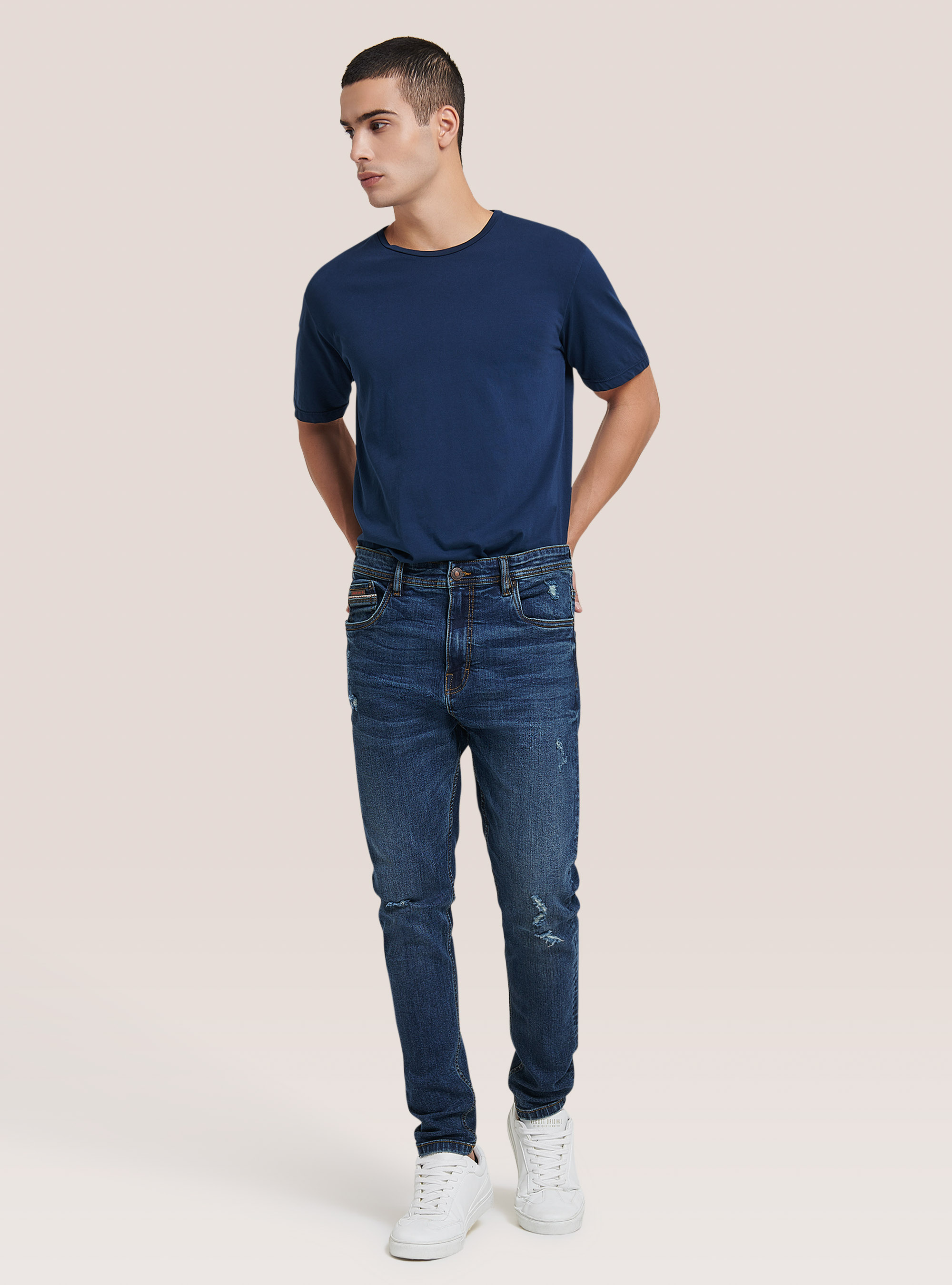Stretch denim carrot fit jeans, BLUE NAVY