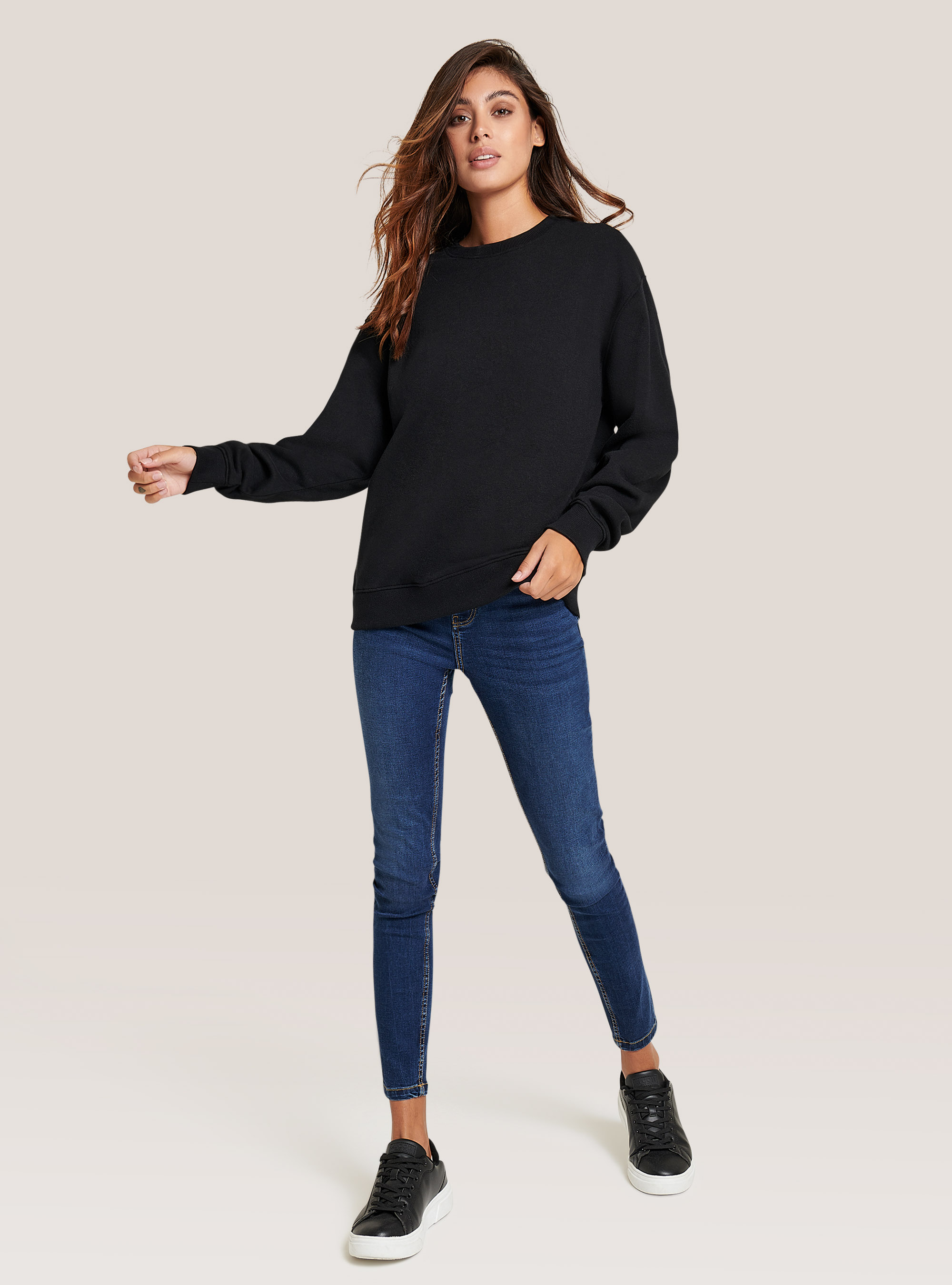 Basic round-neck cotton sweatshirt, BLACK