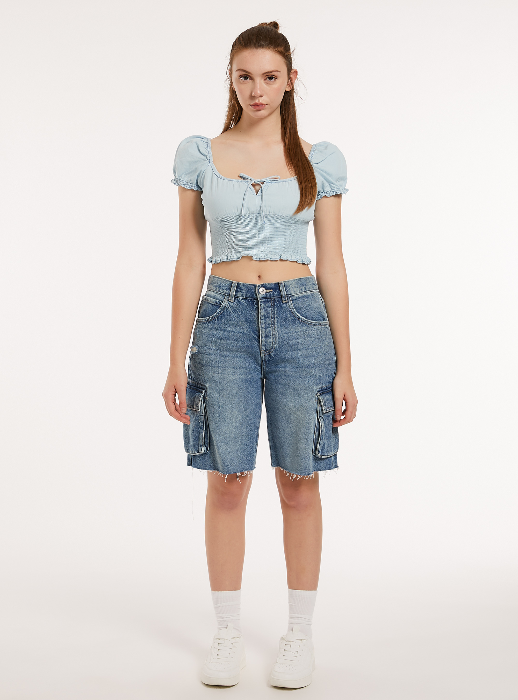 Bermuda cargo in denim, D003 MEDIUM BLUE