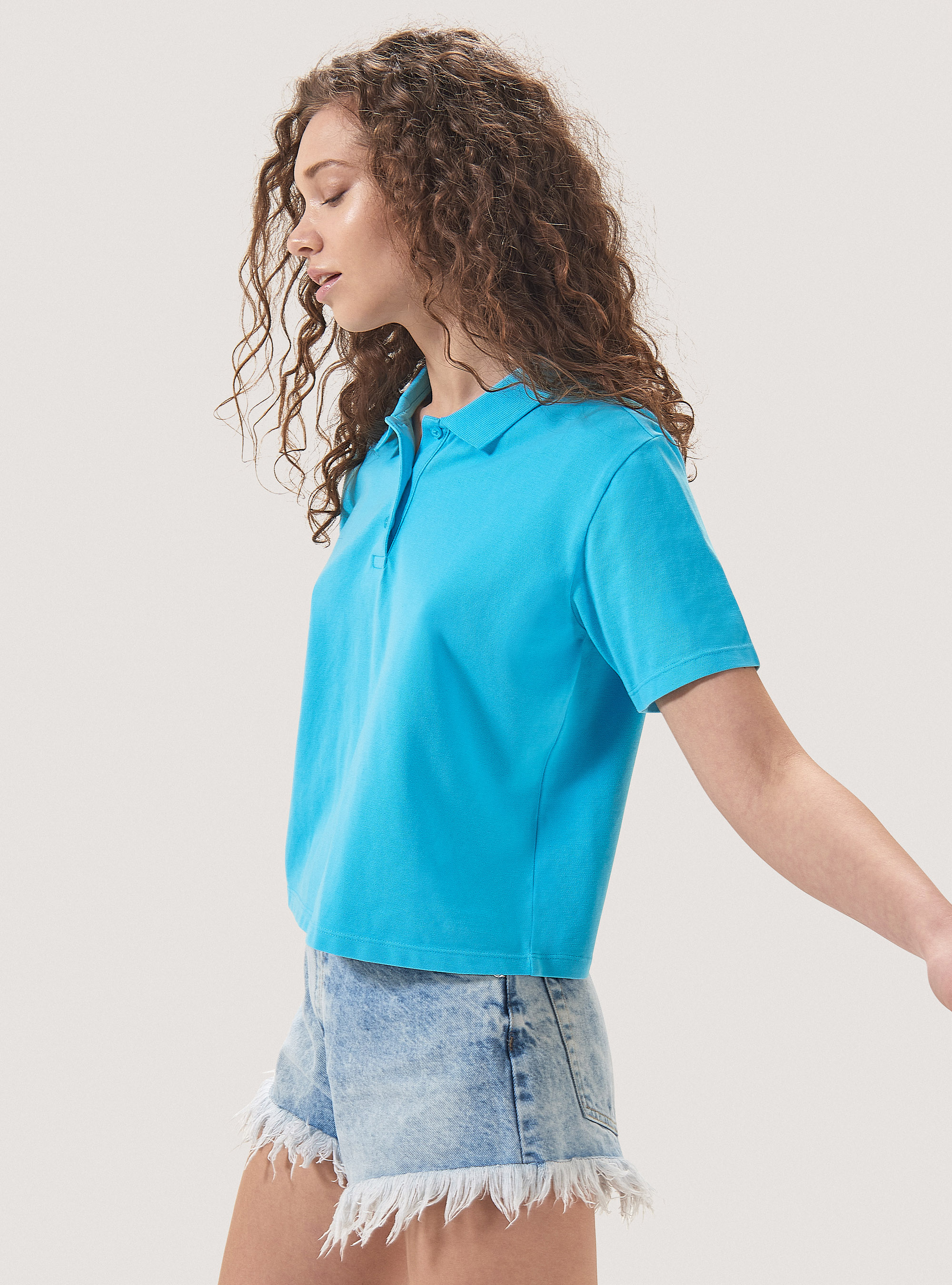 Solid colour crop fit polo shirt, C2278 AZZURRE