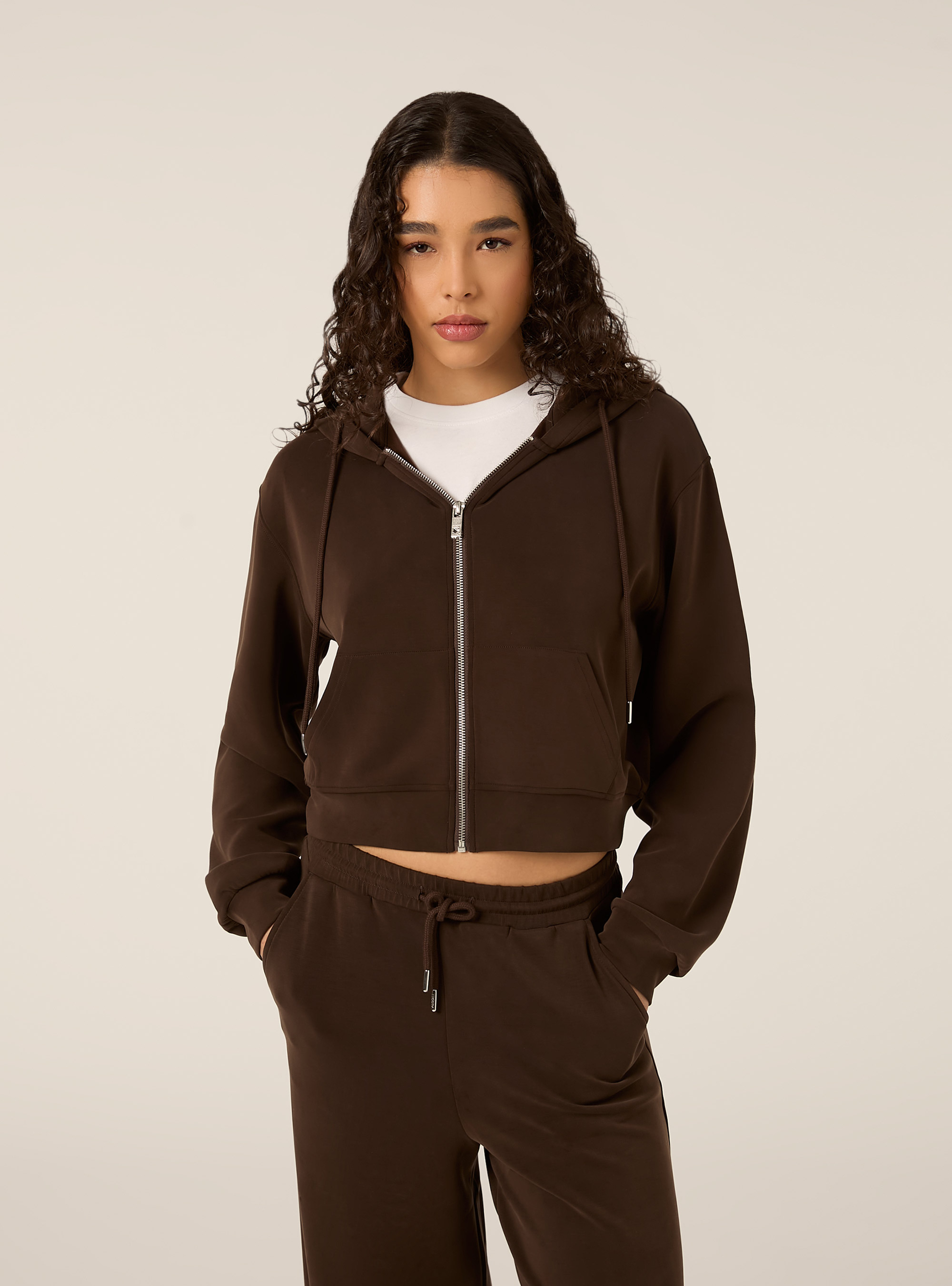 Felpa con zip cropped soft touch, BR2 BROWN MEDIUM