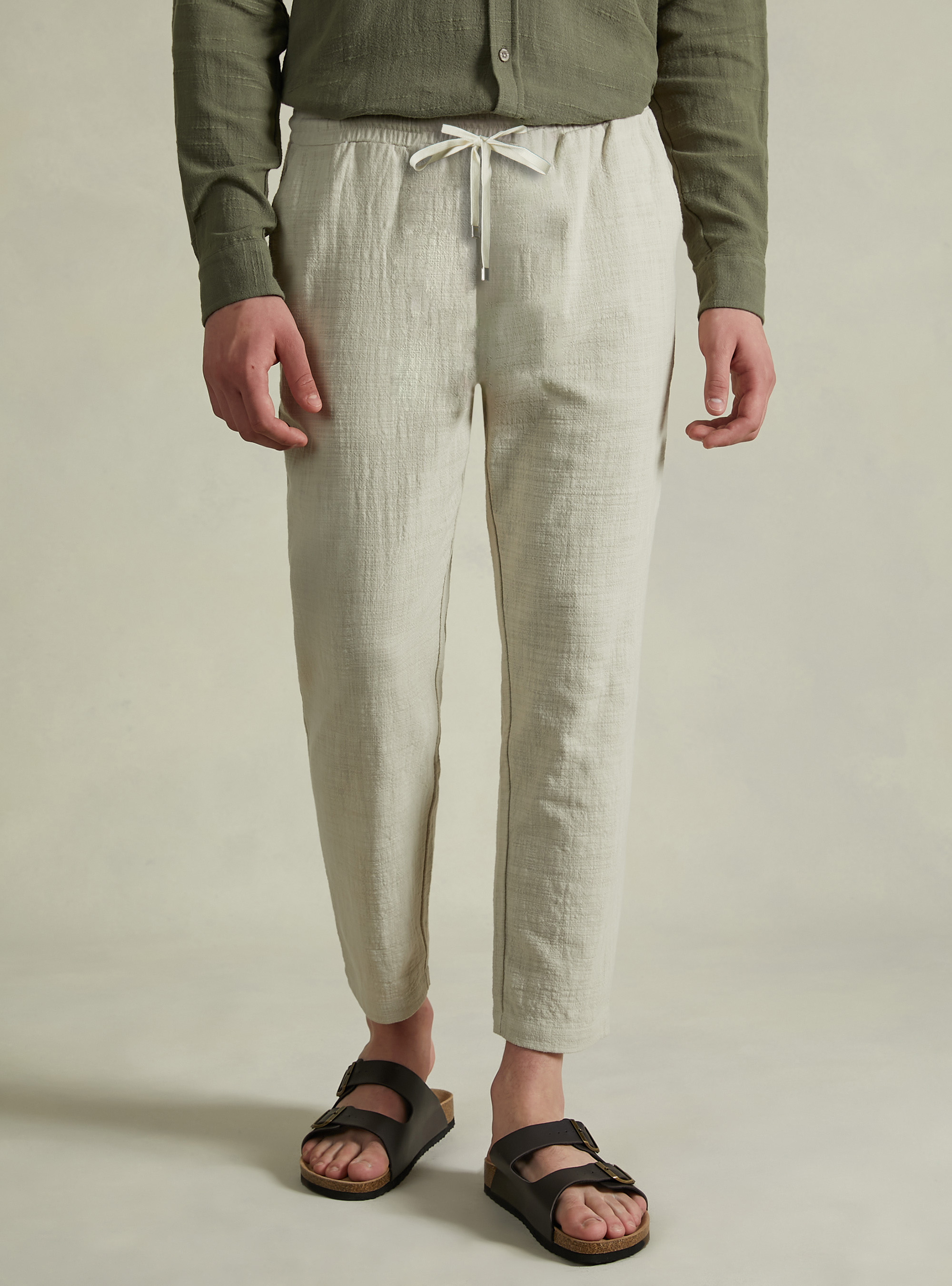 Cotton trousers with drawstring waist, BG3 BEIGE LIGHT