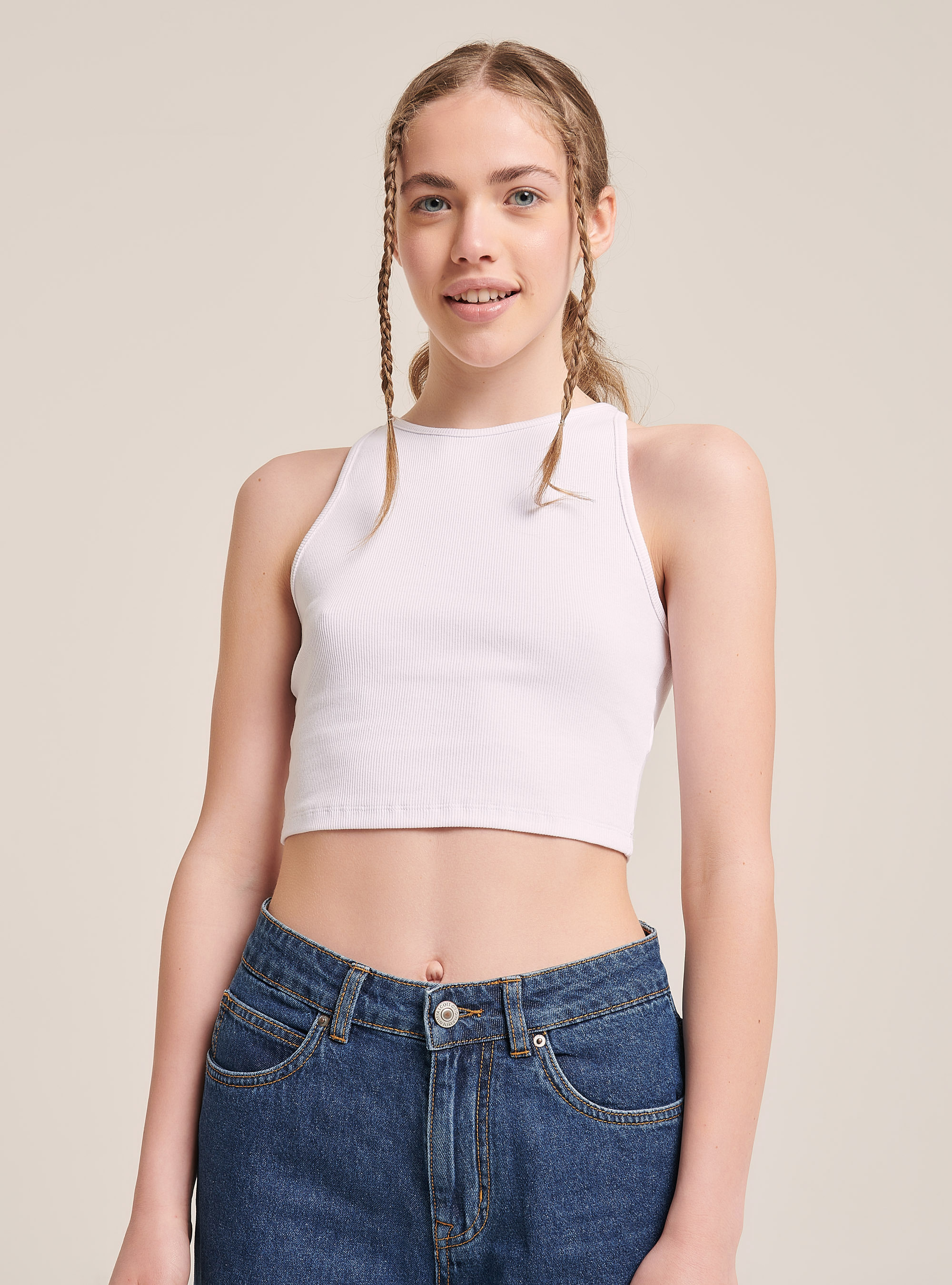 Elastic ribbed crop top in cotton, WHITE