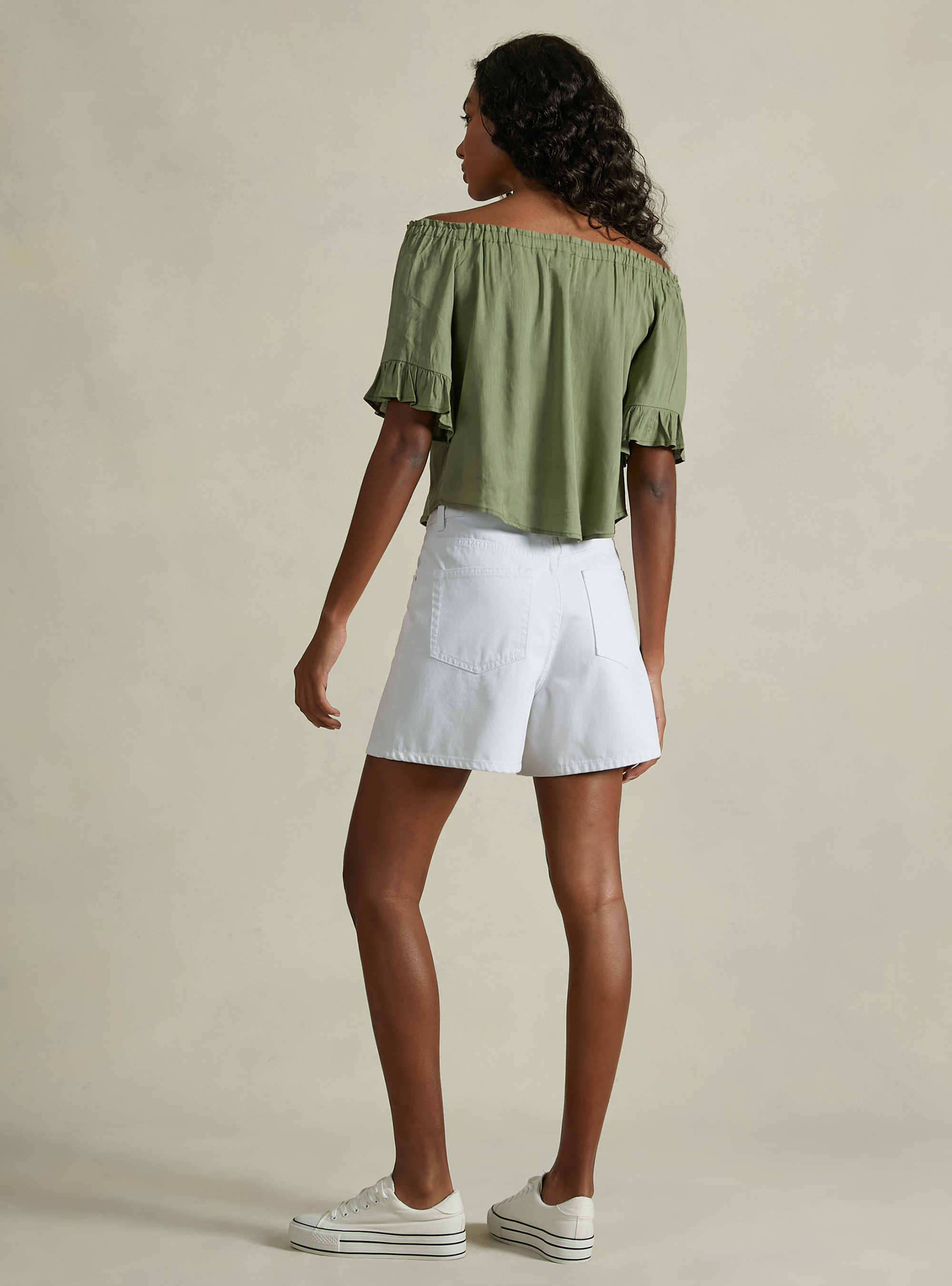 Linen blend blouse with bardot neckline, KY1 KAKY DARK