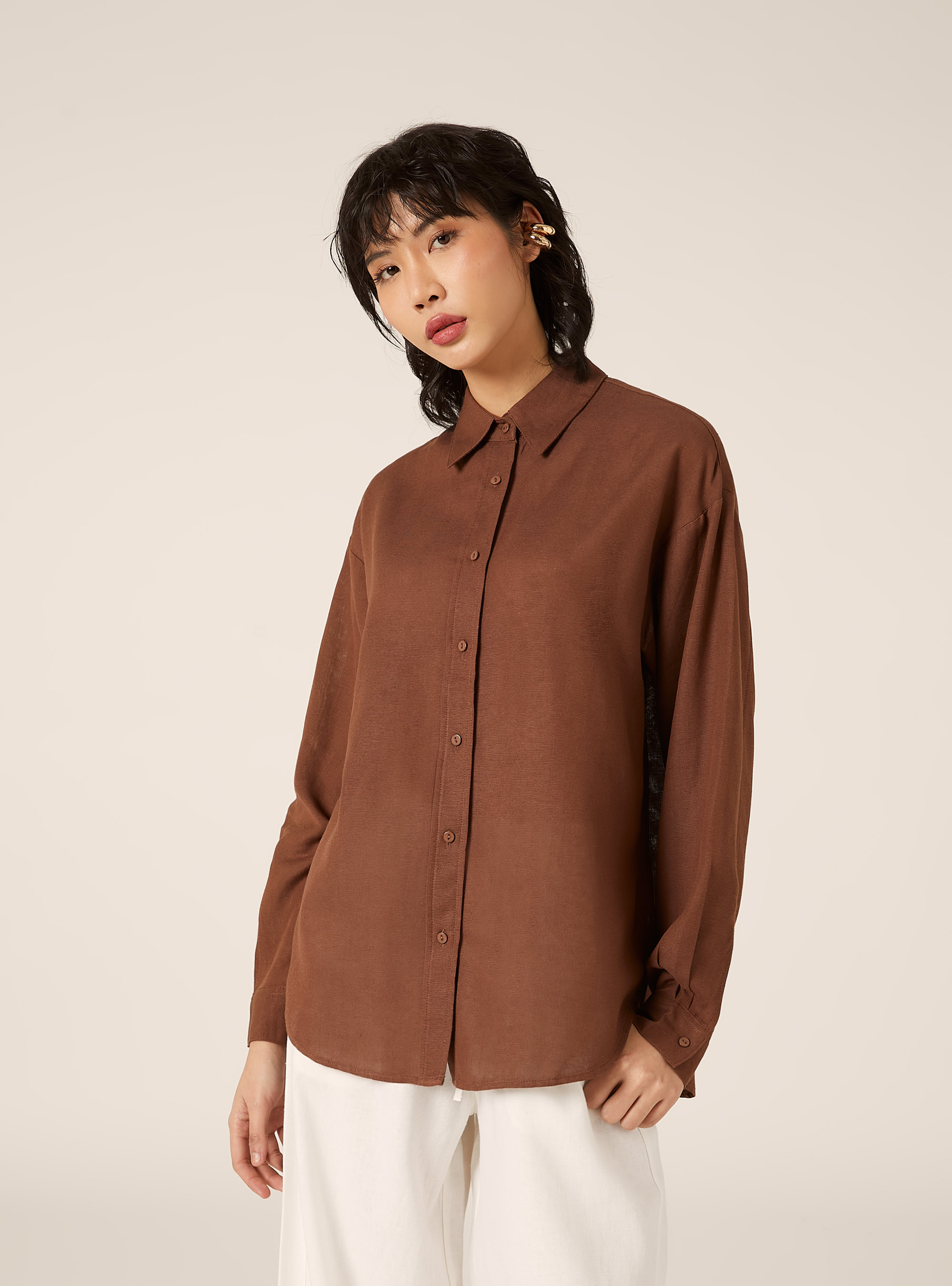 Camicia in misto lino tinta unita, BR2 BROWN MEDIUM