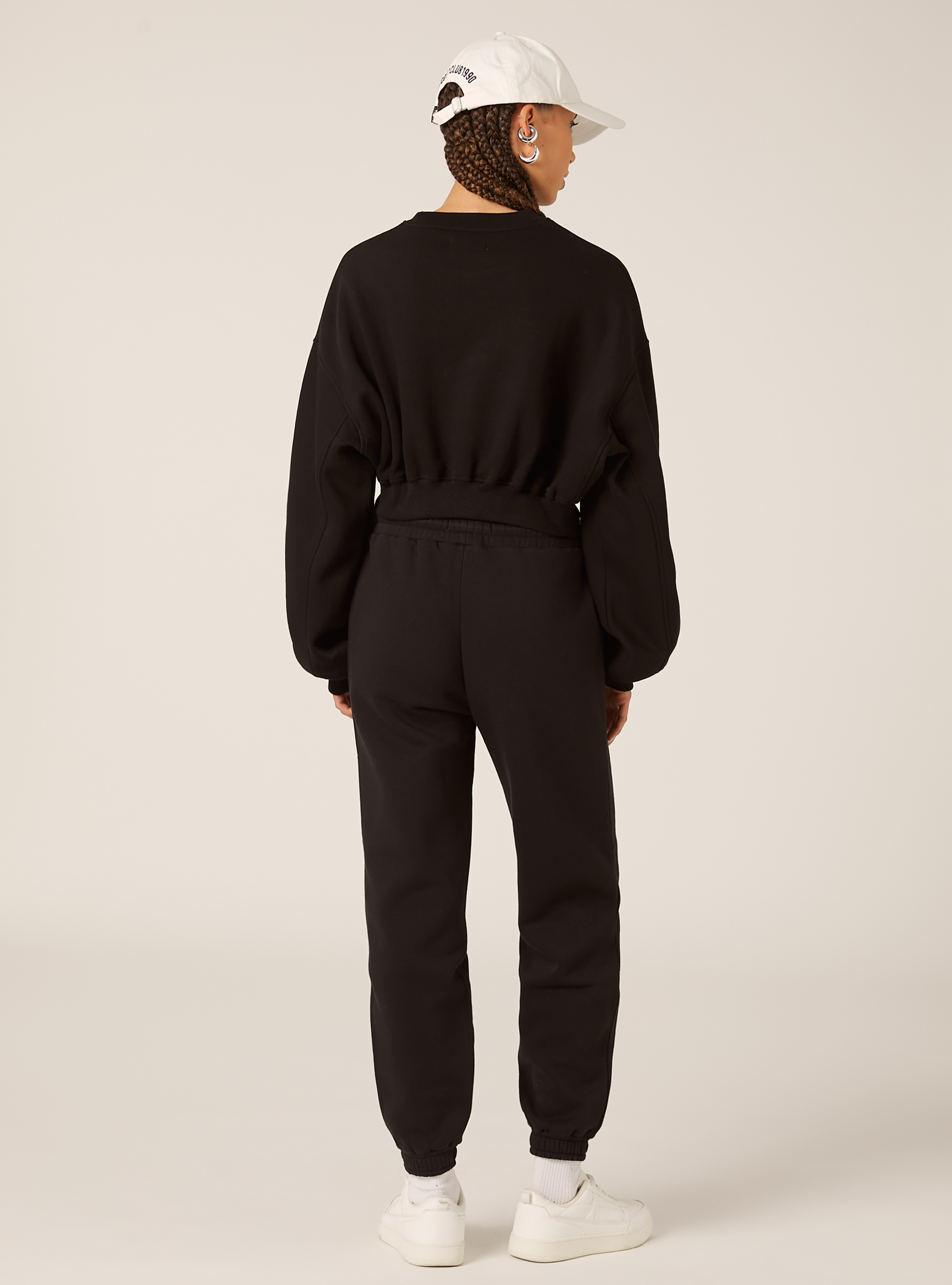 Felpa girocollo in cotone crop, BK1 BLACK