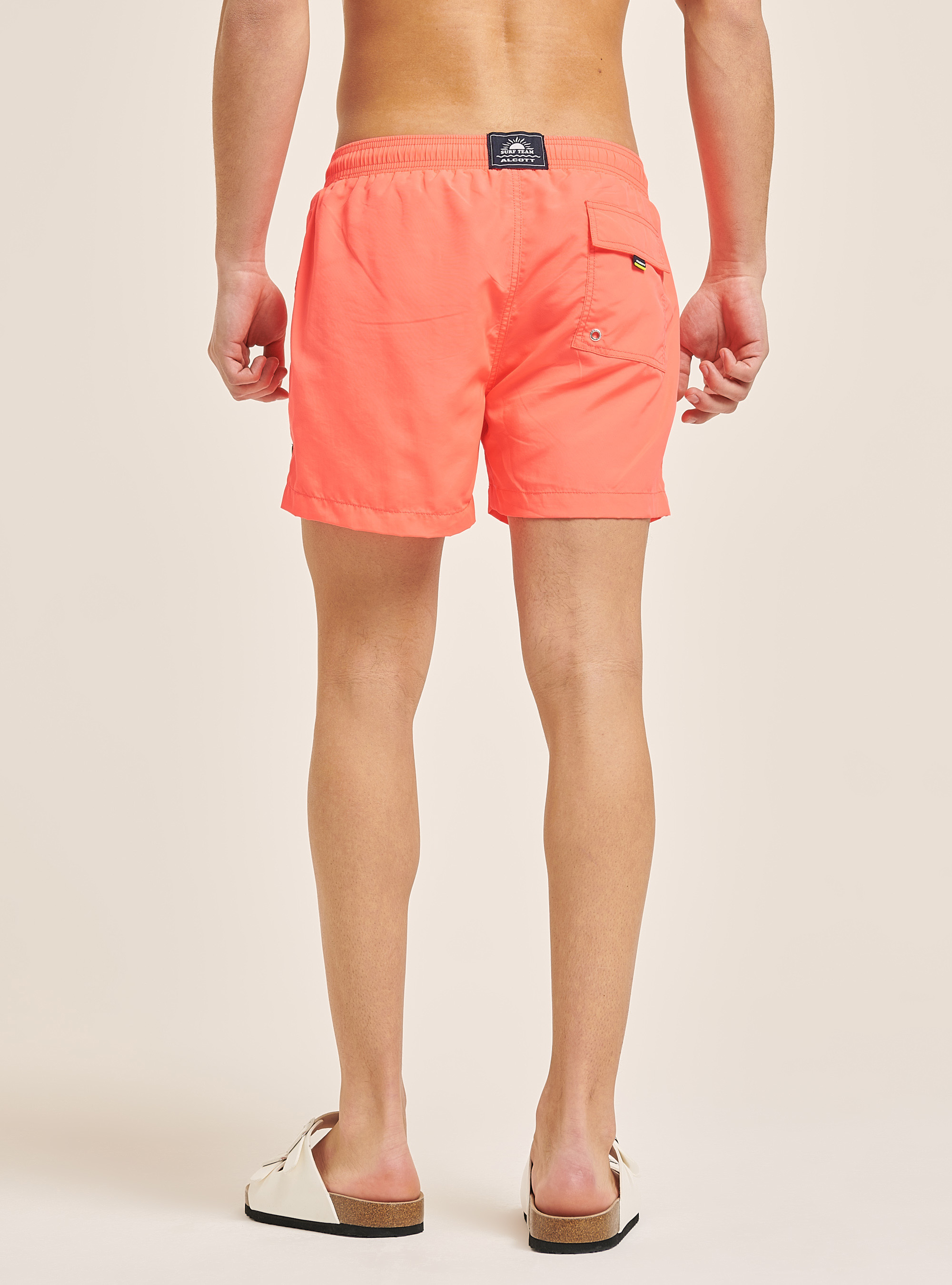 Plain-coloured swimming costume with embroidery and back pocket, C3383 CORAL