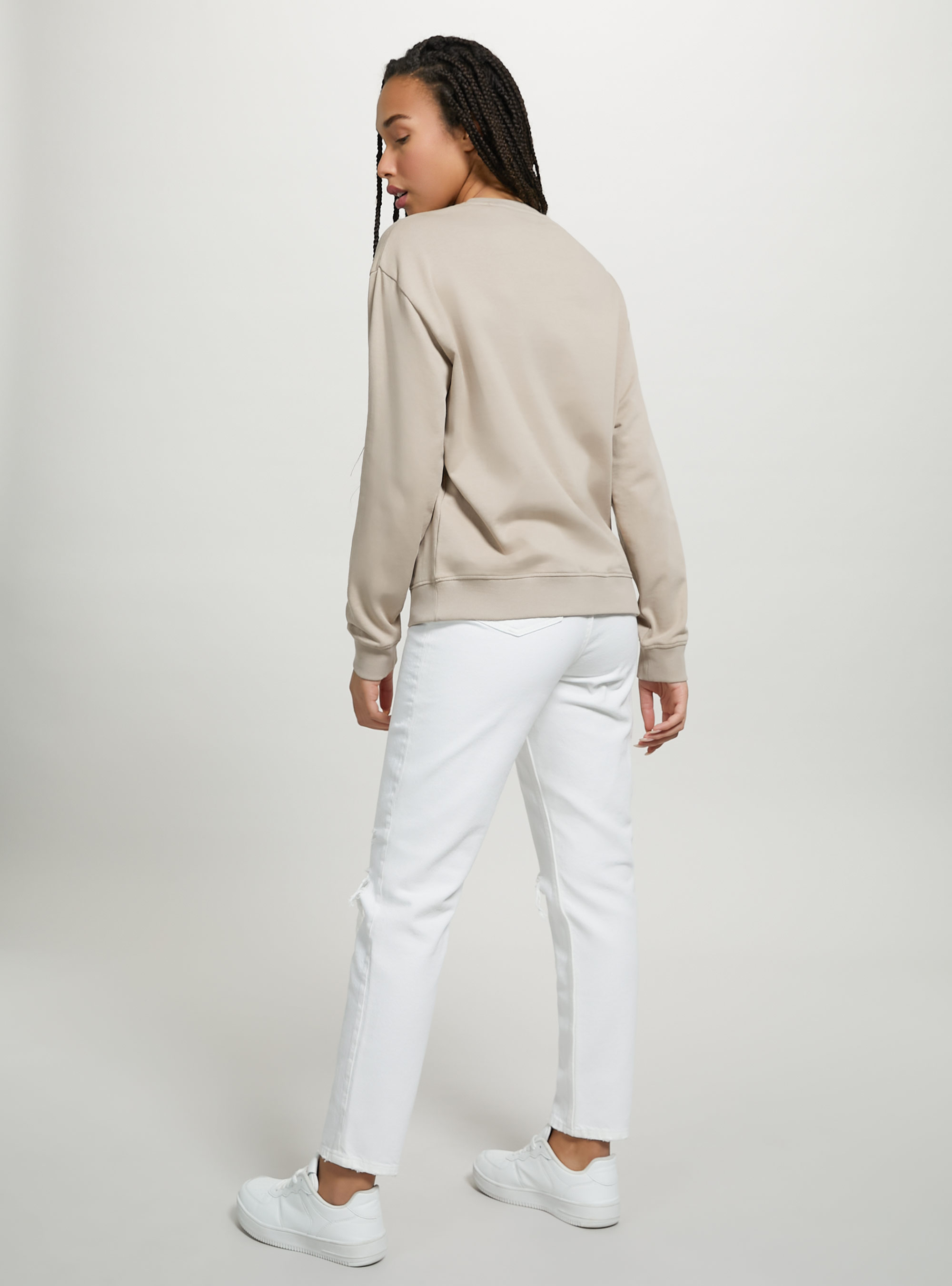 Sudadera lisa de algodón con cuello redondo, BG3 BEIGE LIGHT