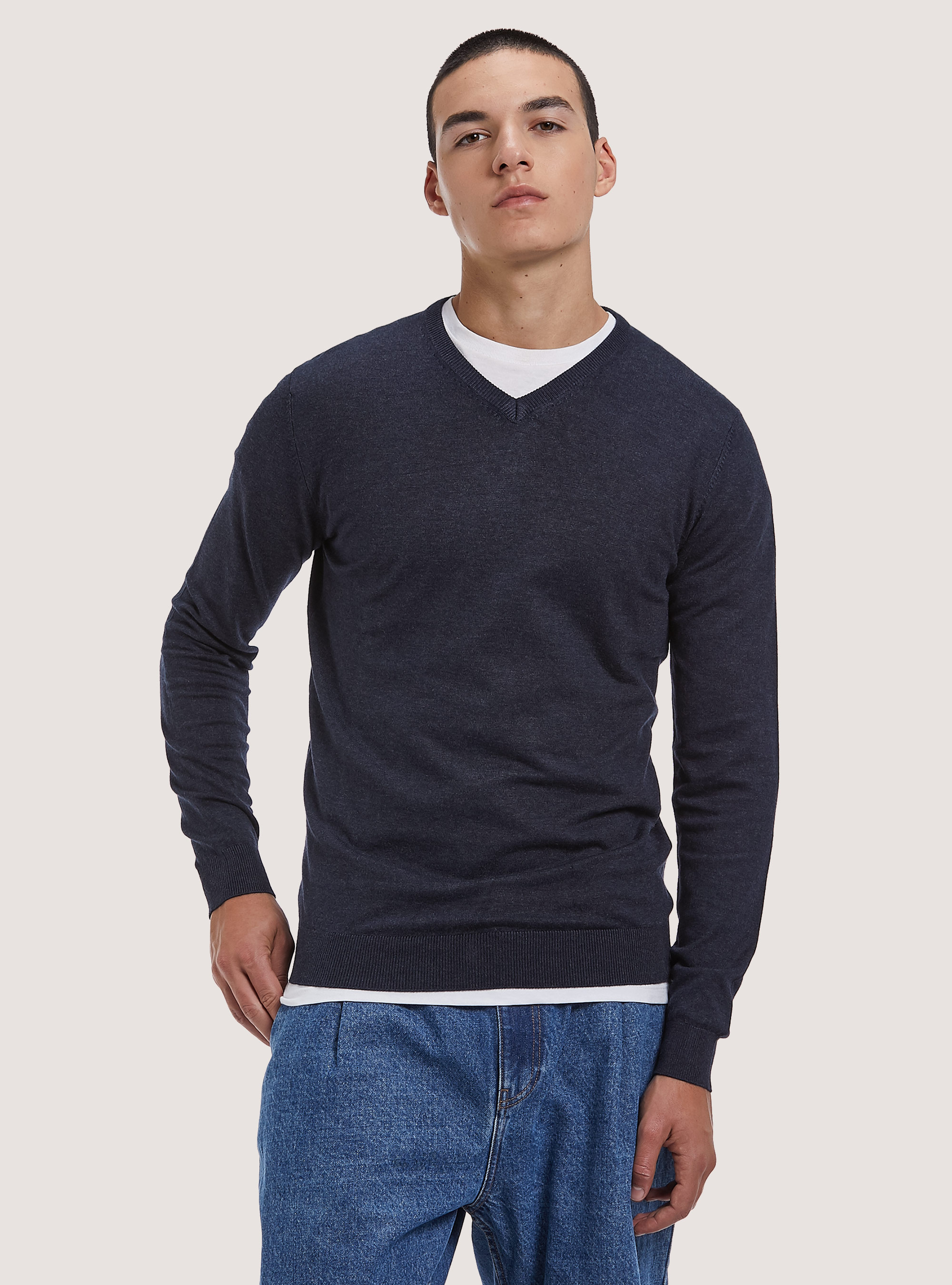 Pullover scollo a "v" tinta unita, BLUE MELANGE