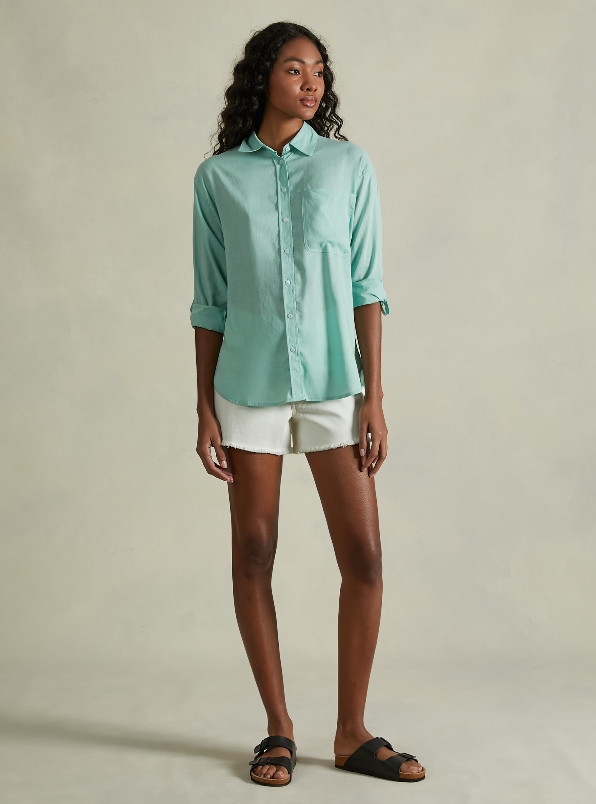 Camisa de mezcla de lino con bolsillo en el pecho, GA3 AQUA GREEN LIGHT