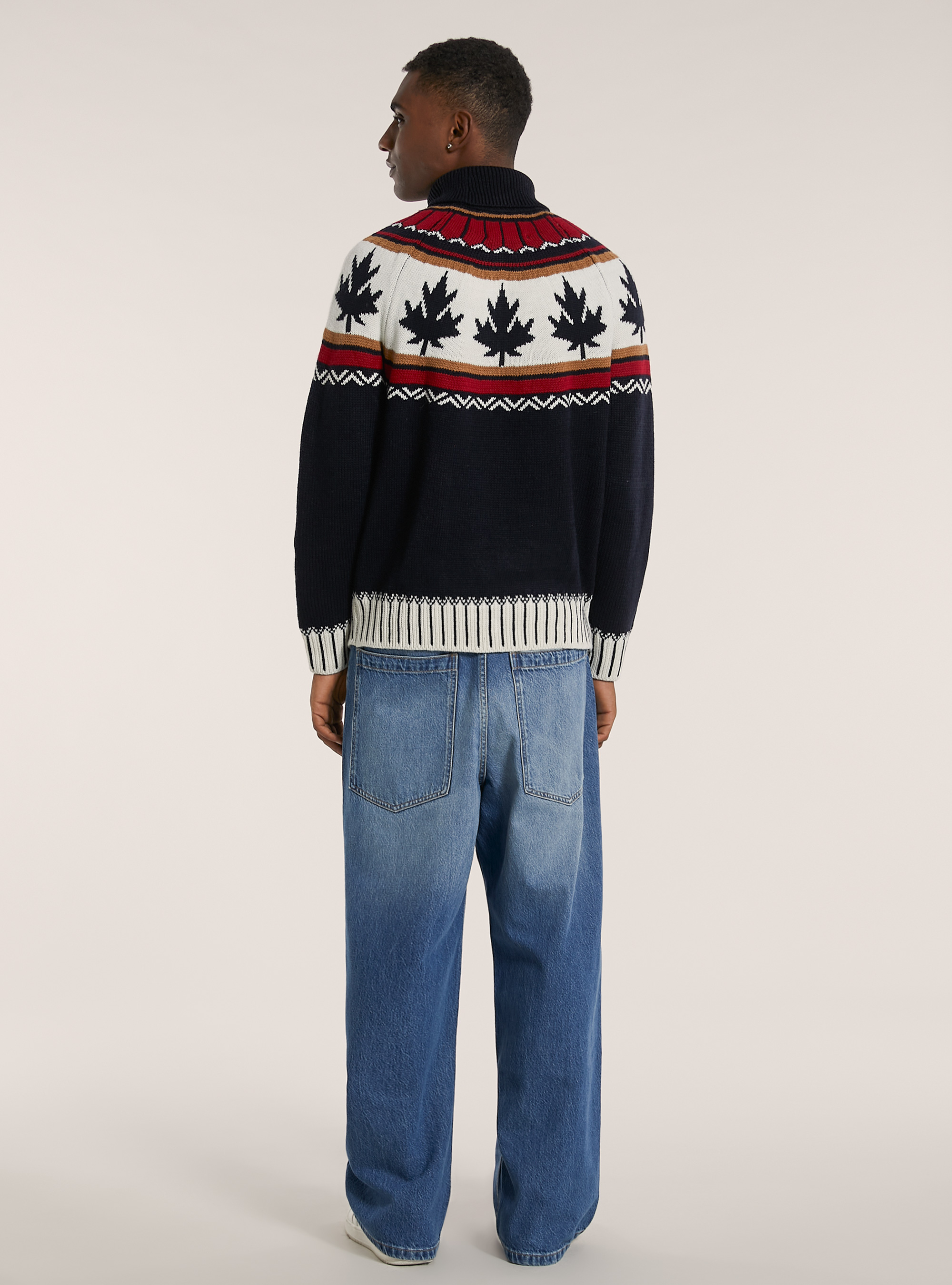 Jersey de cuello alto con motivo de la hoja de arce, AZUL MARINO