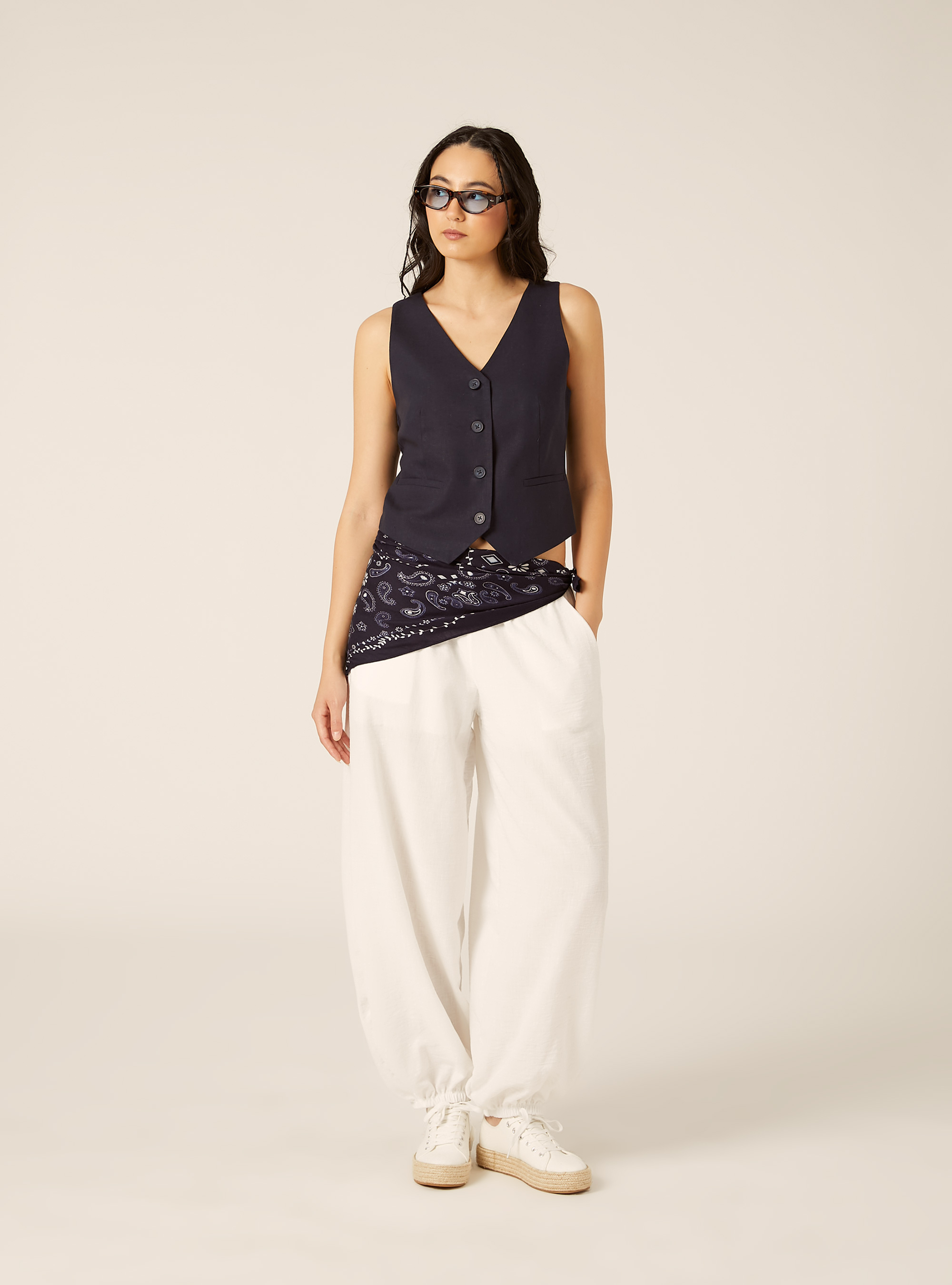 Gilet corto in misto lino, NA2 NAVY MEDIUM