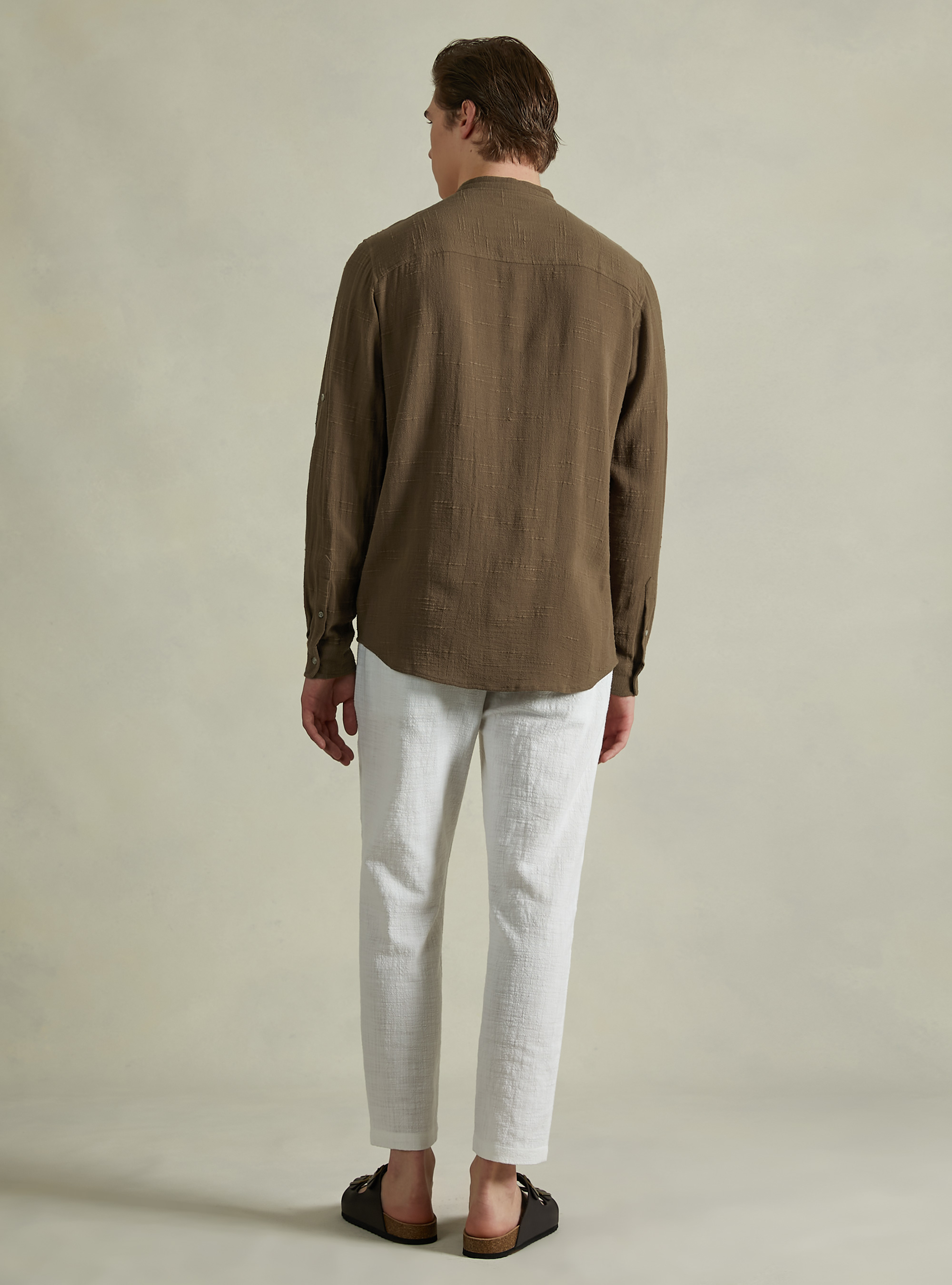Linen blend shirt with Korean collar, TB1 TOBACCO DARK