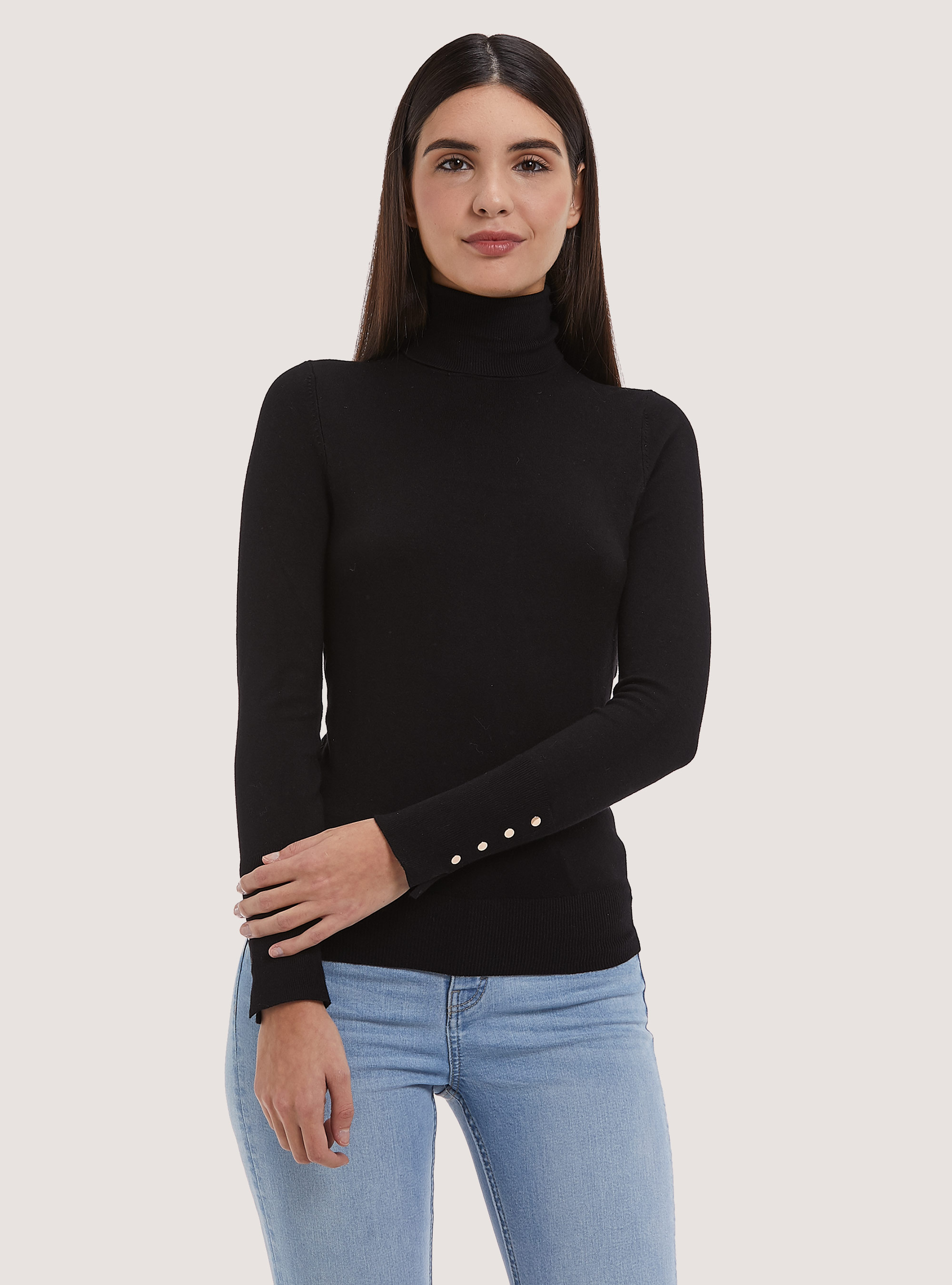 Pullover a collo alto con bottoni sulla manica, BK1 BLACK