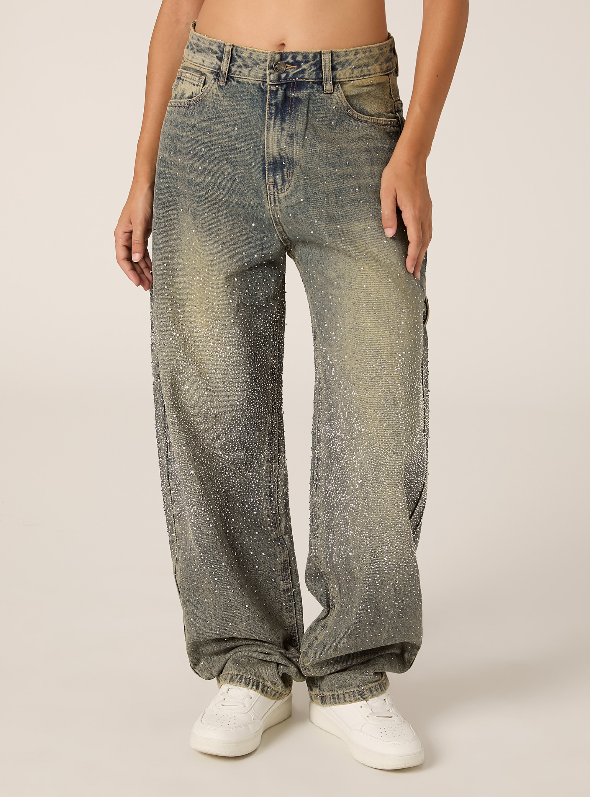 Jeans baggy carpenter avec strass, D201 AZZURRE MED OVERDYE