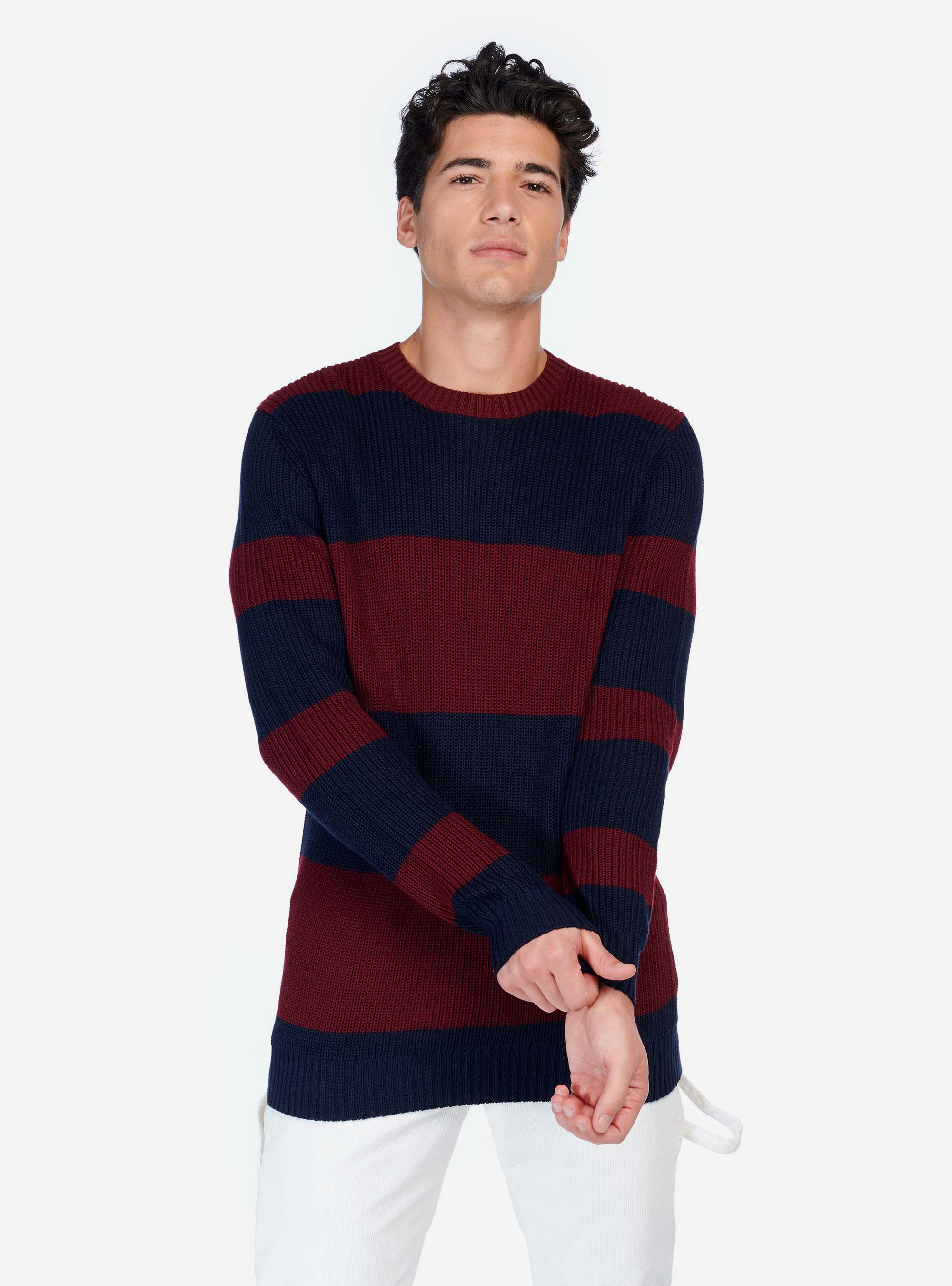 Pullover girocollo a costa inglese, BORDEAUX