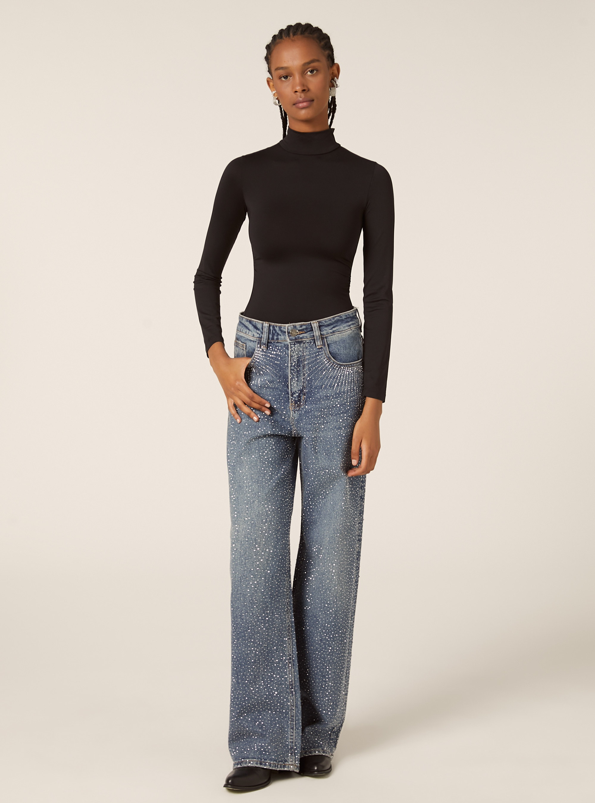 Jeans strass combinati straight, D003 MEDIUM BLUE