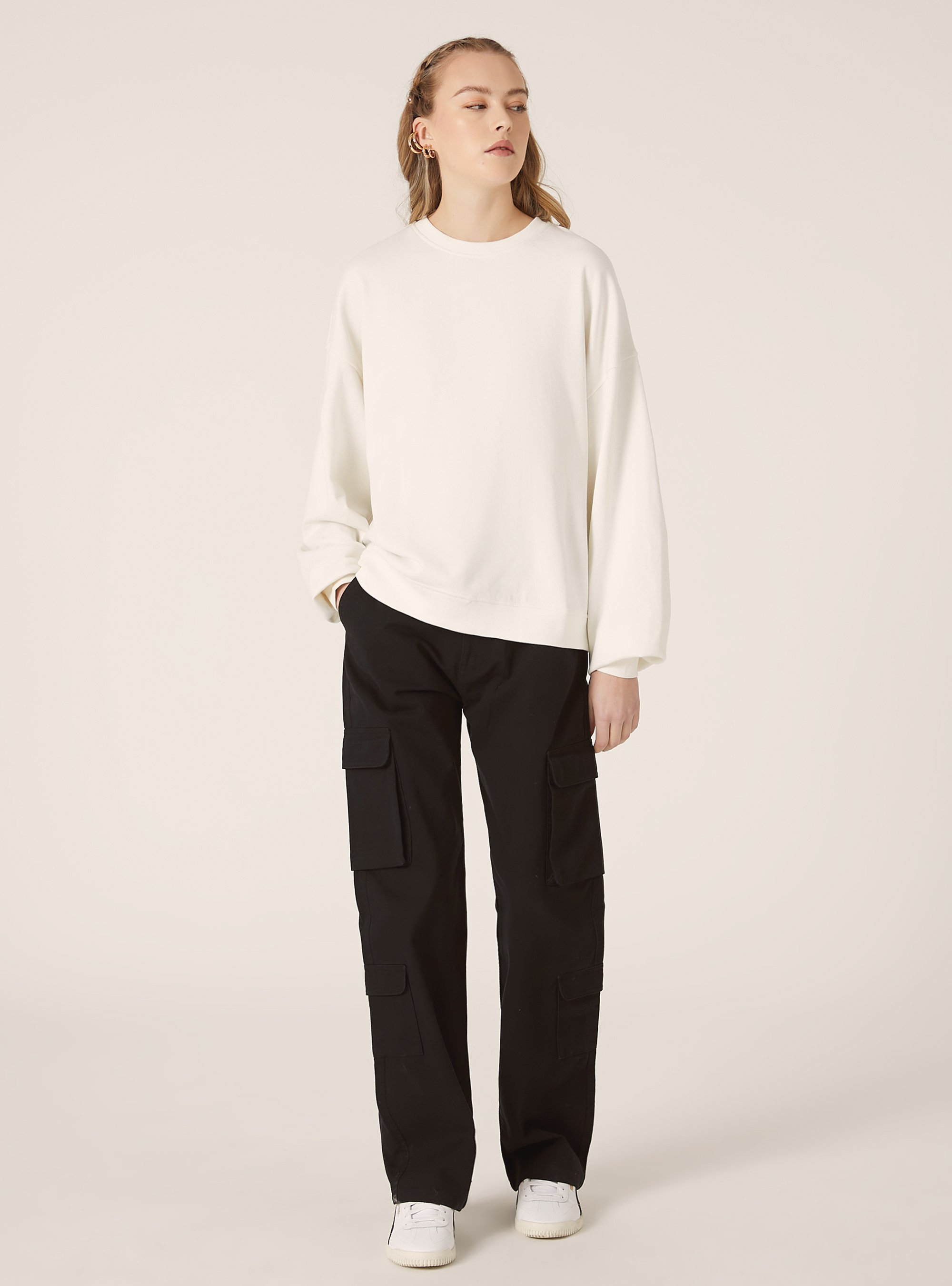 Sudadera de algodón liso con cuello redondo, WH1 OFF WHITE