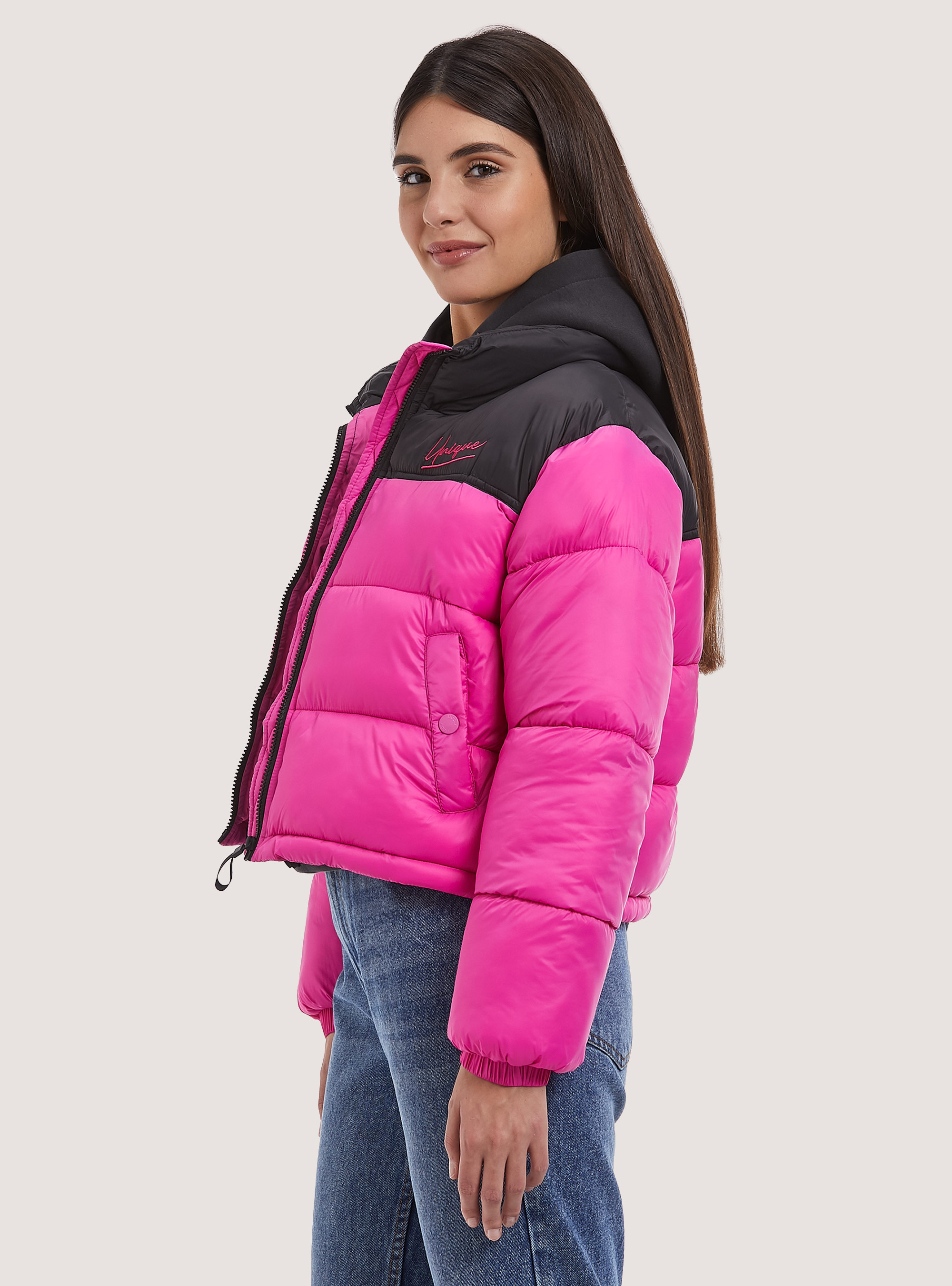 Cropped jacket in colour block with recycled padding, FX3 FUXIA LIGHT