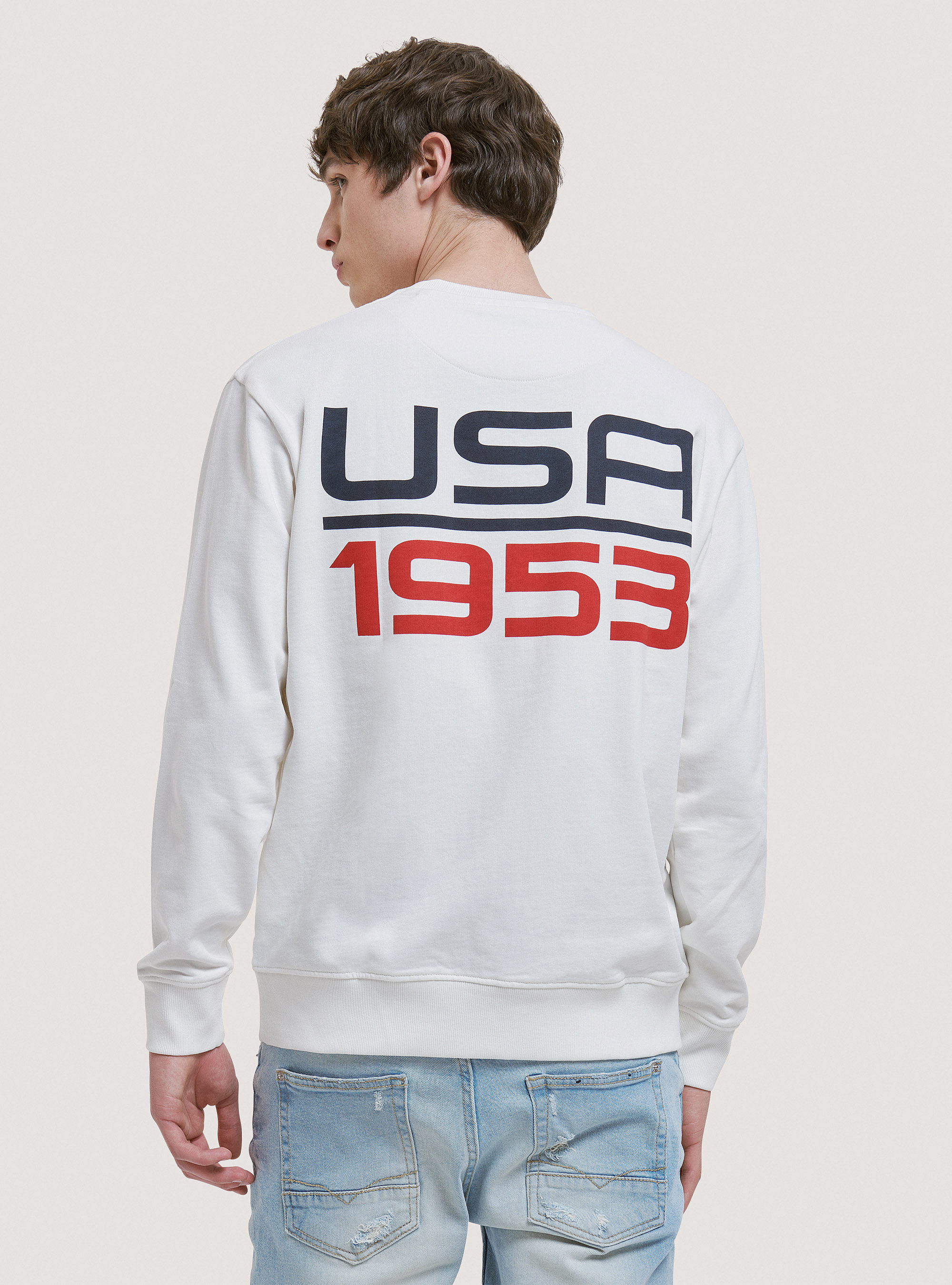 Crew-neck cotton sweatshirt with print, C0020 OFF WHITE