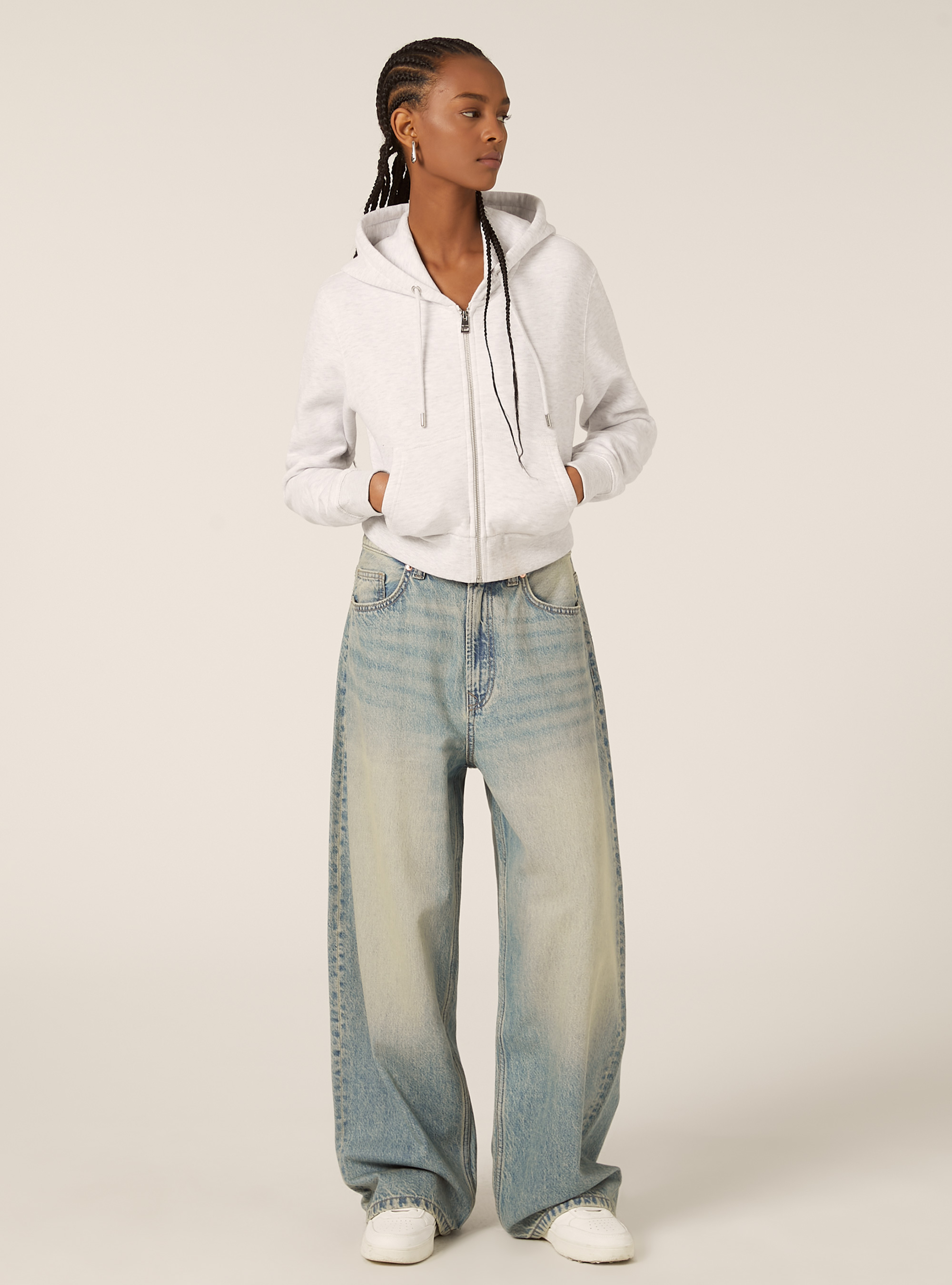 Sweat à capuche zippé court, MGY3 GREY MEL LIGHT