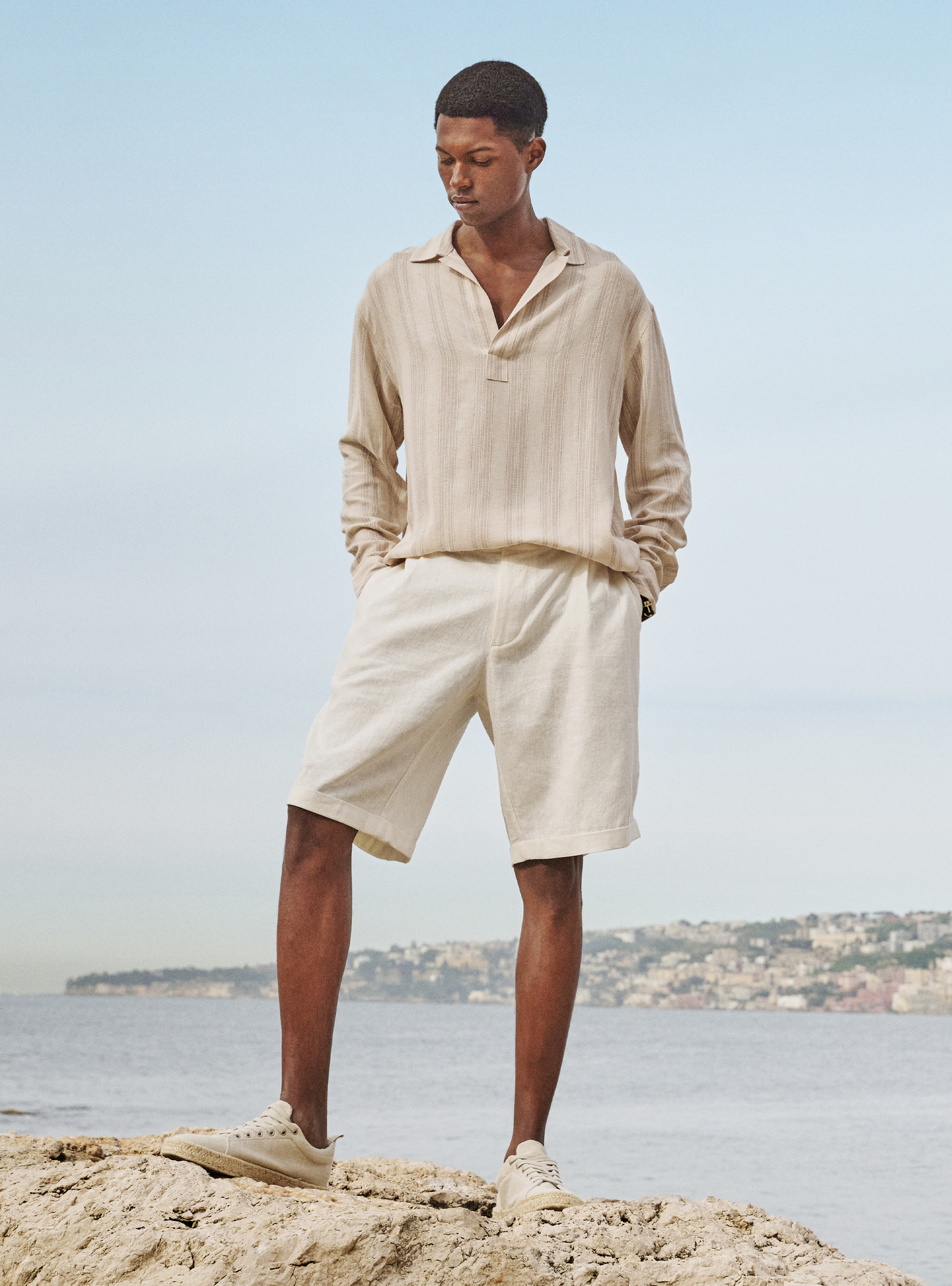 Camicia manica lunga in misto lino, BG3 BEIGE LIGHT