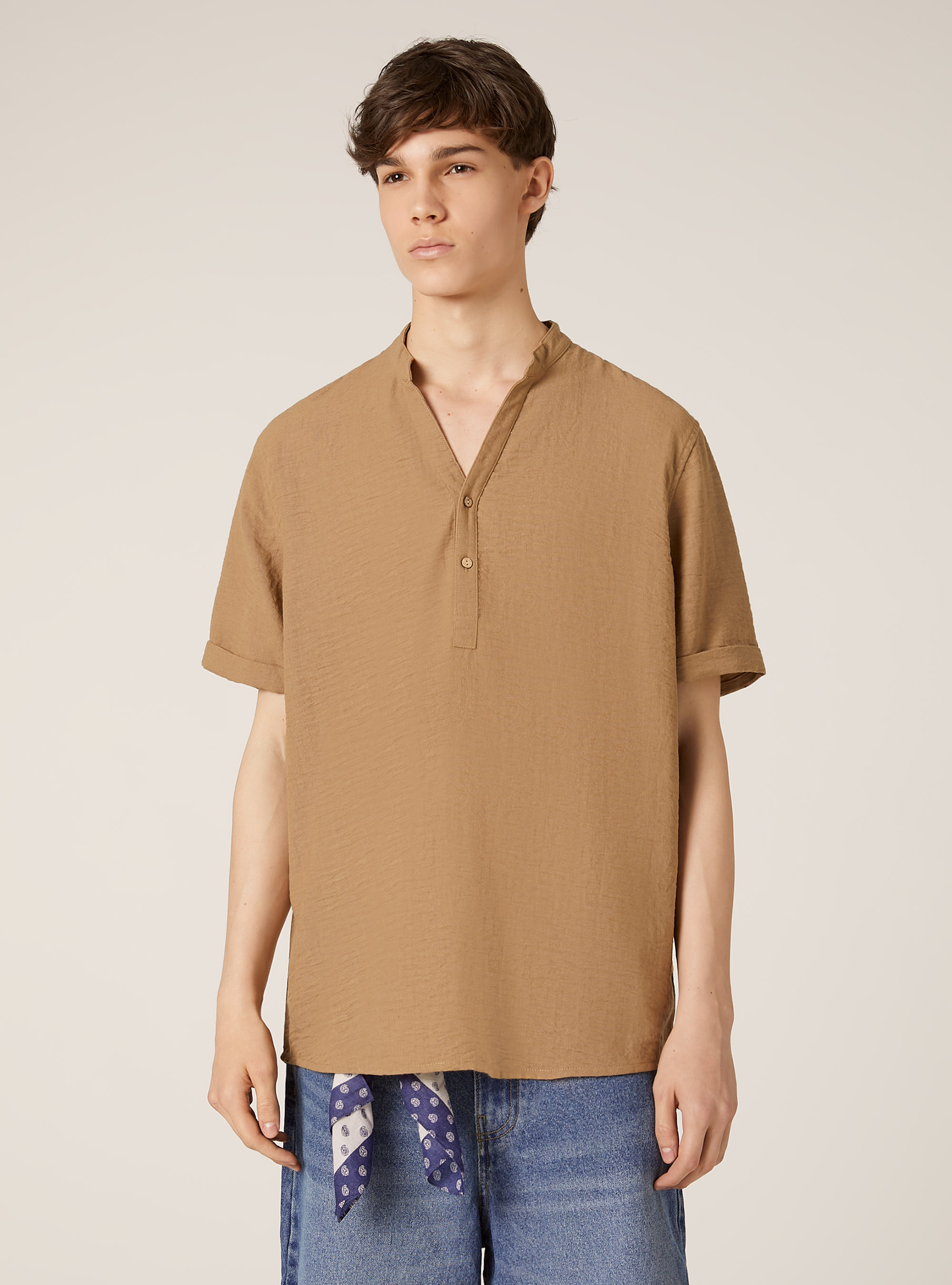 Shirt with Korean collar, TB1 TOBACCO DARK