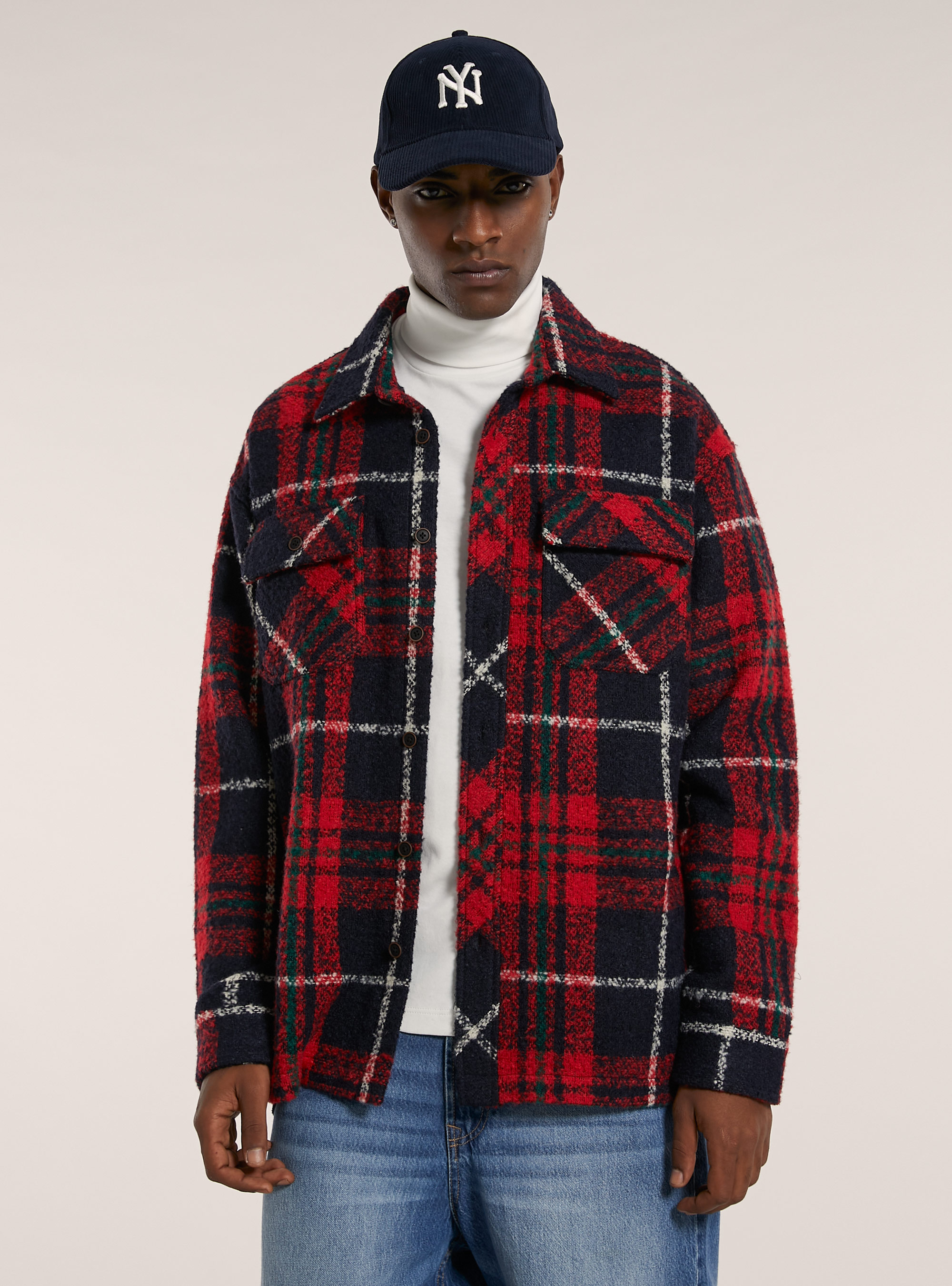 Checked bouclé shirt jacket, C338 RED