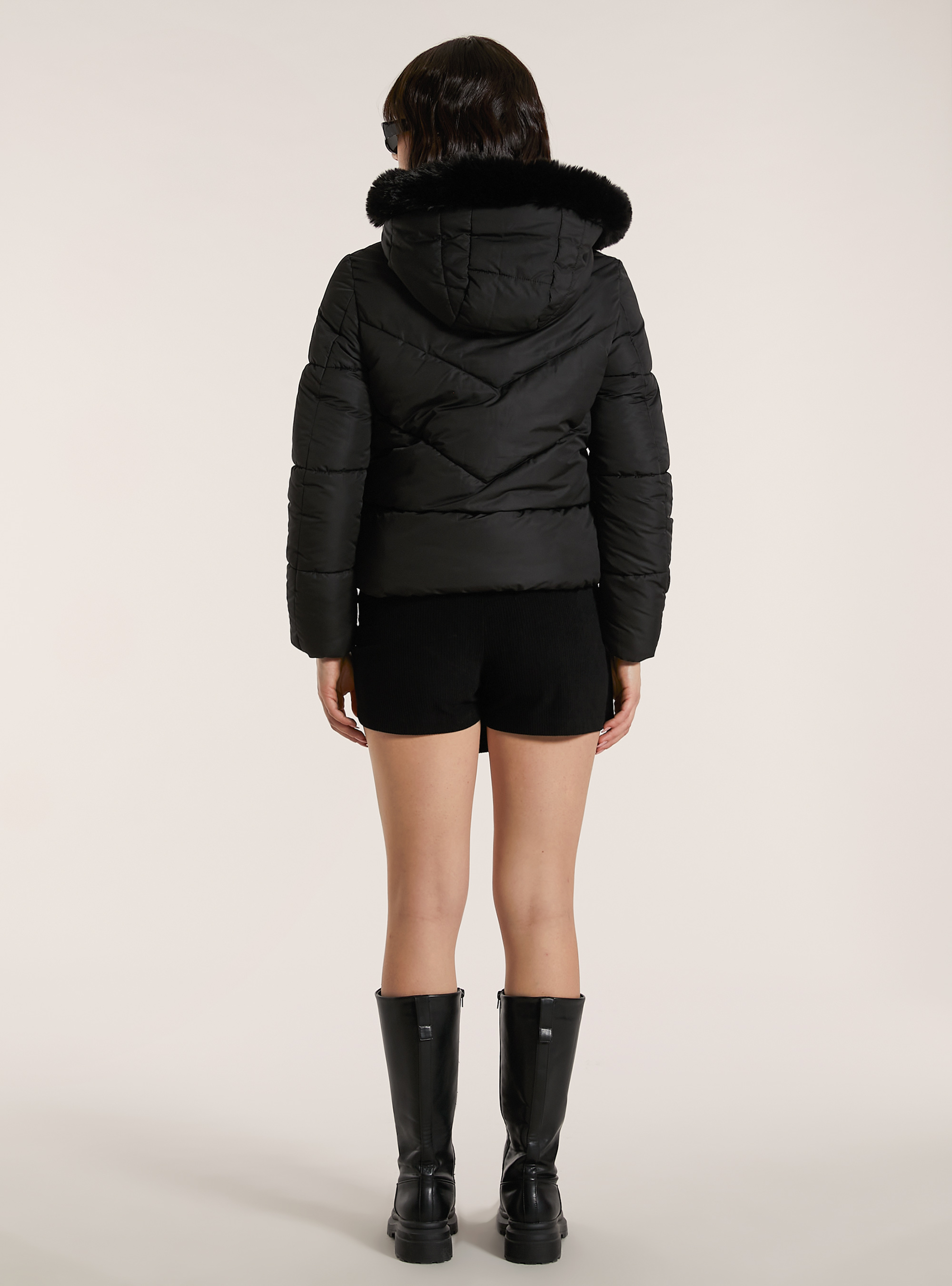 Puffy jacket with faux fur hood, BK1 BLACK