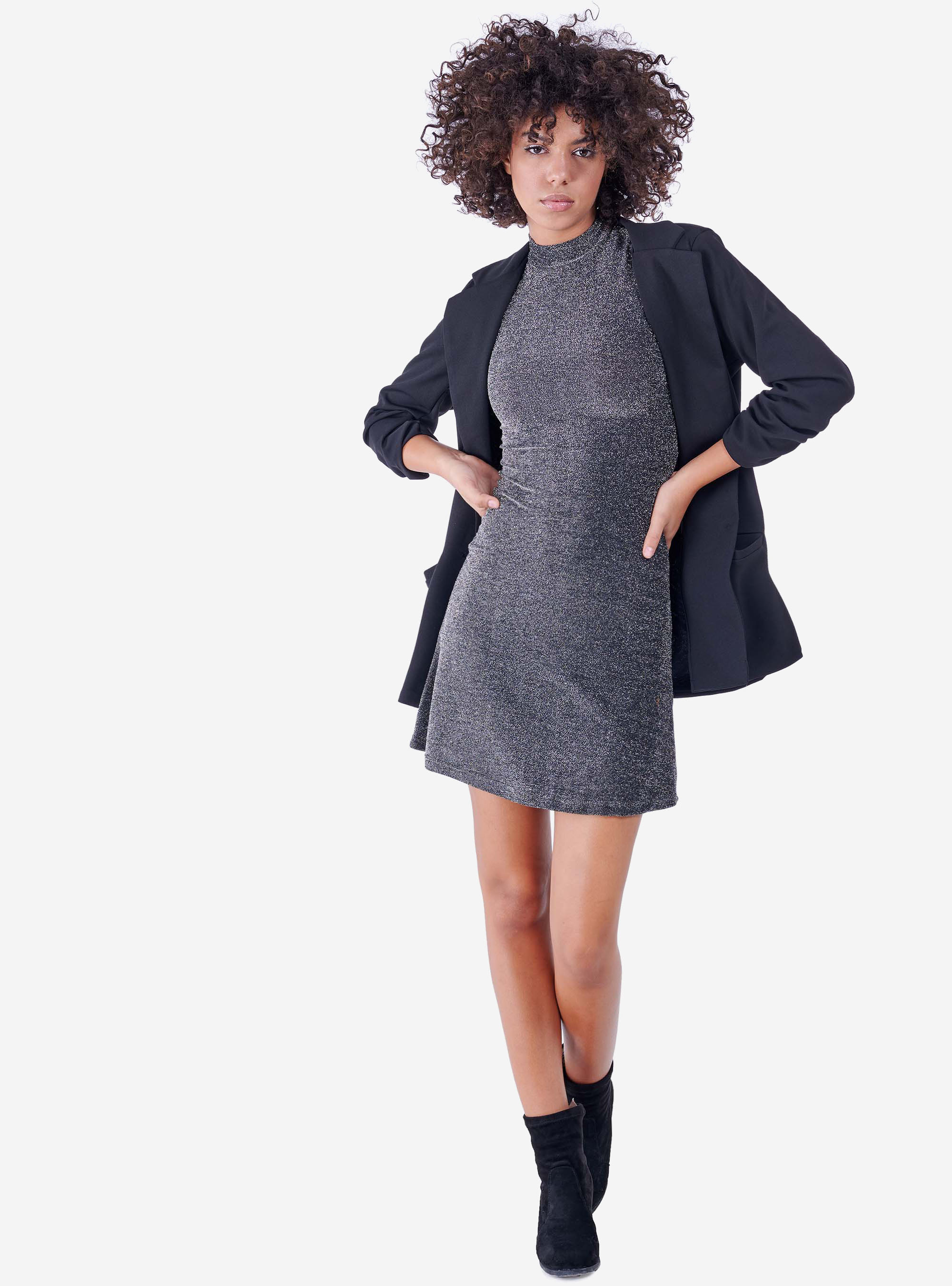 Vestito a campana con maniche corte, ARGENTO