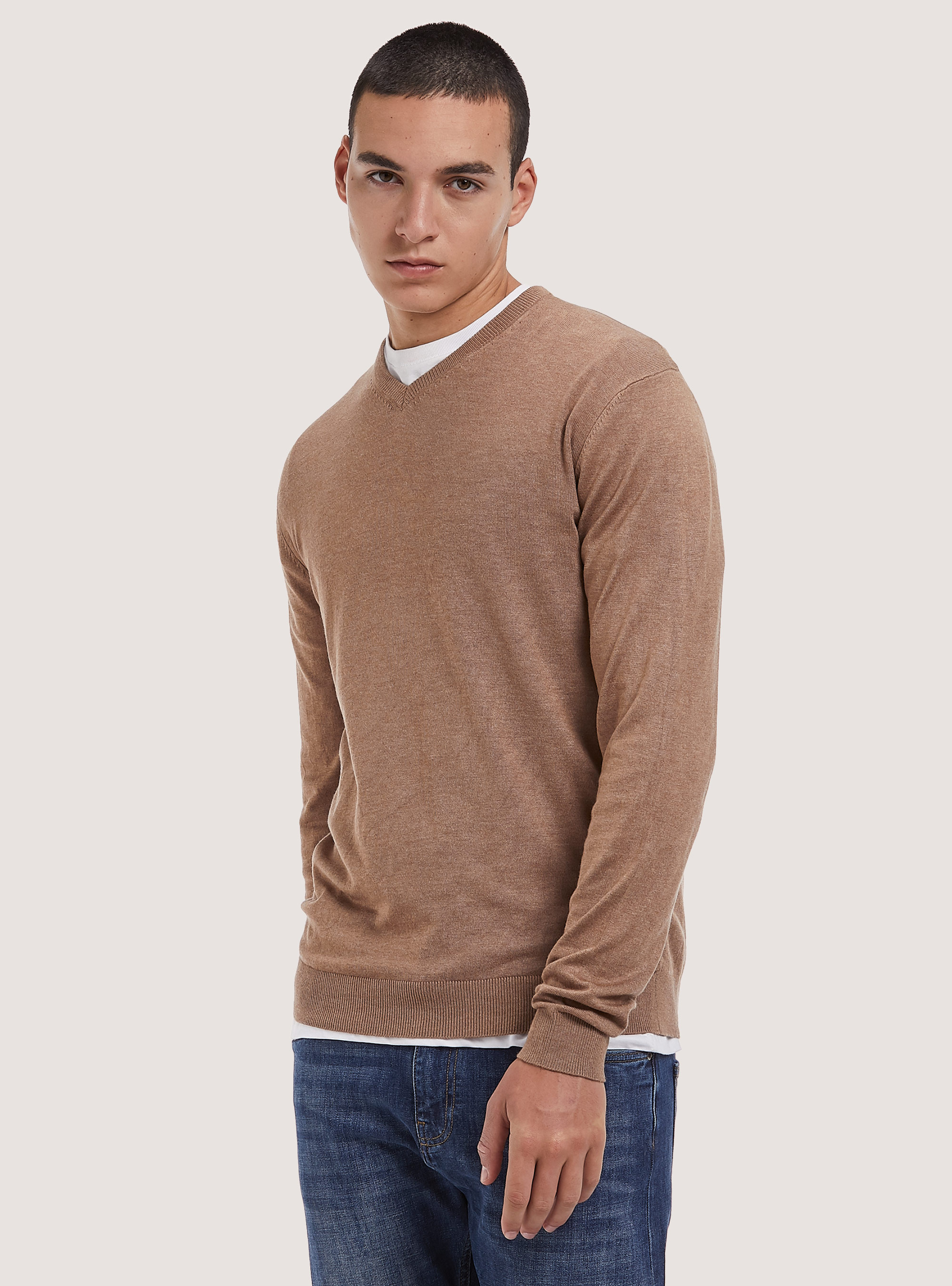 Pullover scollo a "v" tinta unita, C0540 BEIGE