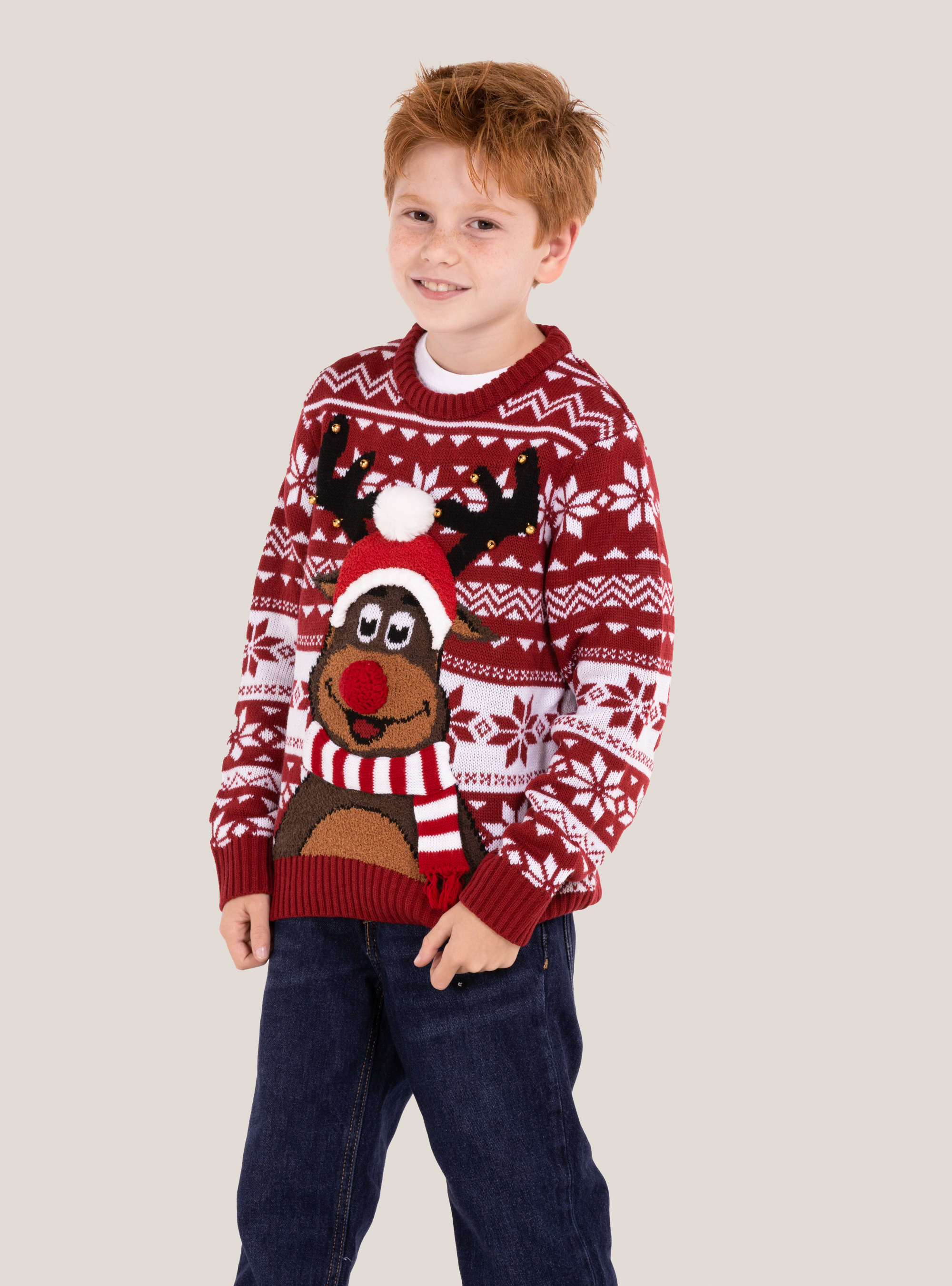 Pullover natalizio "mini me" con renna e campanelline, ROSSO