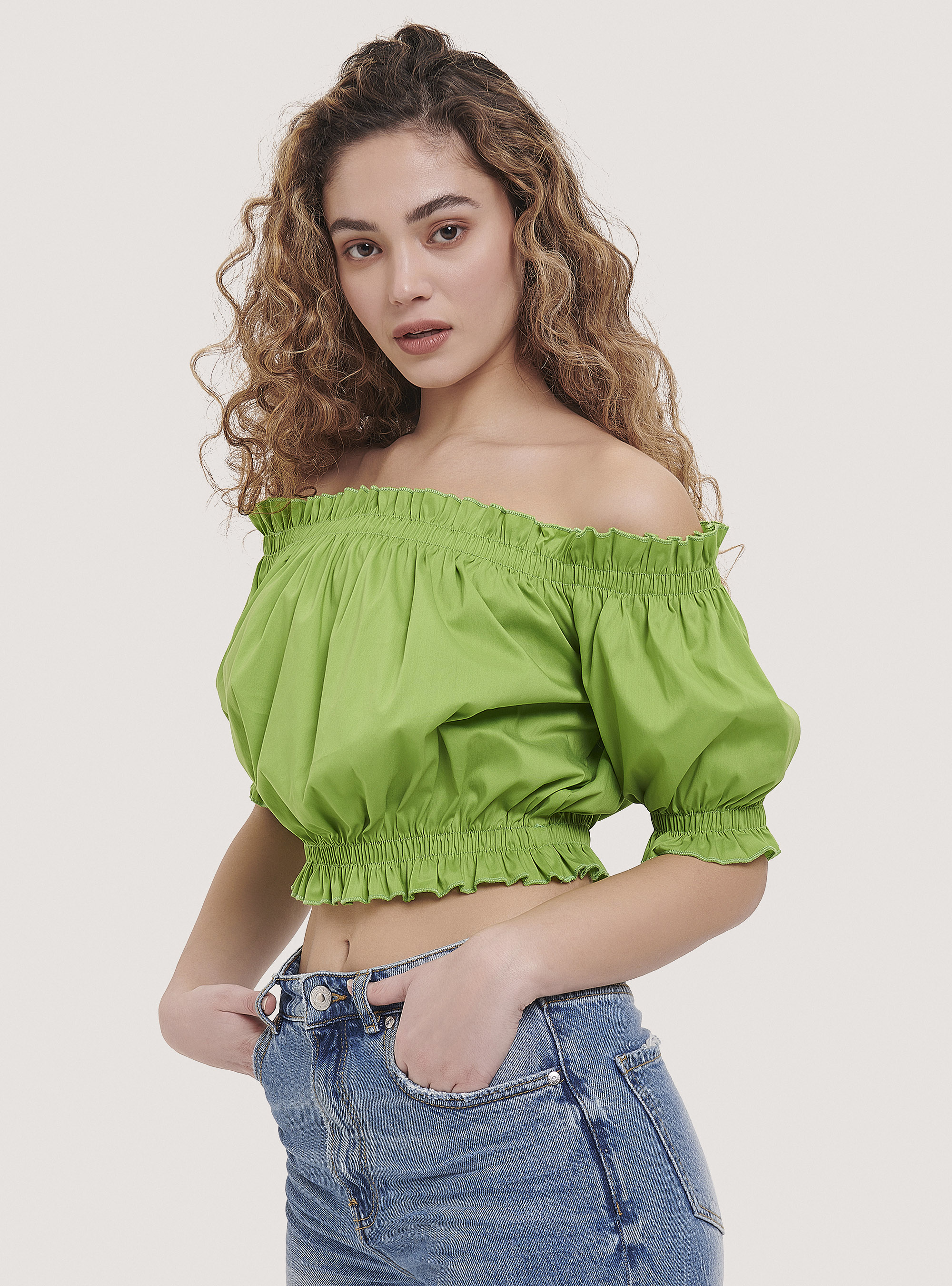 Cropped gathered blouse with bardot neckline, C7752 LIME