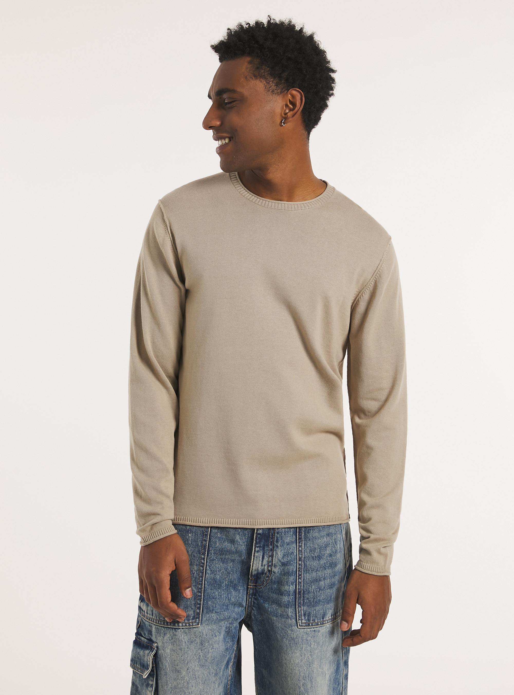 Round-neck cotton pullover, BG2 BEIGE MEDIUM