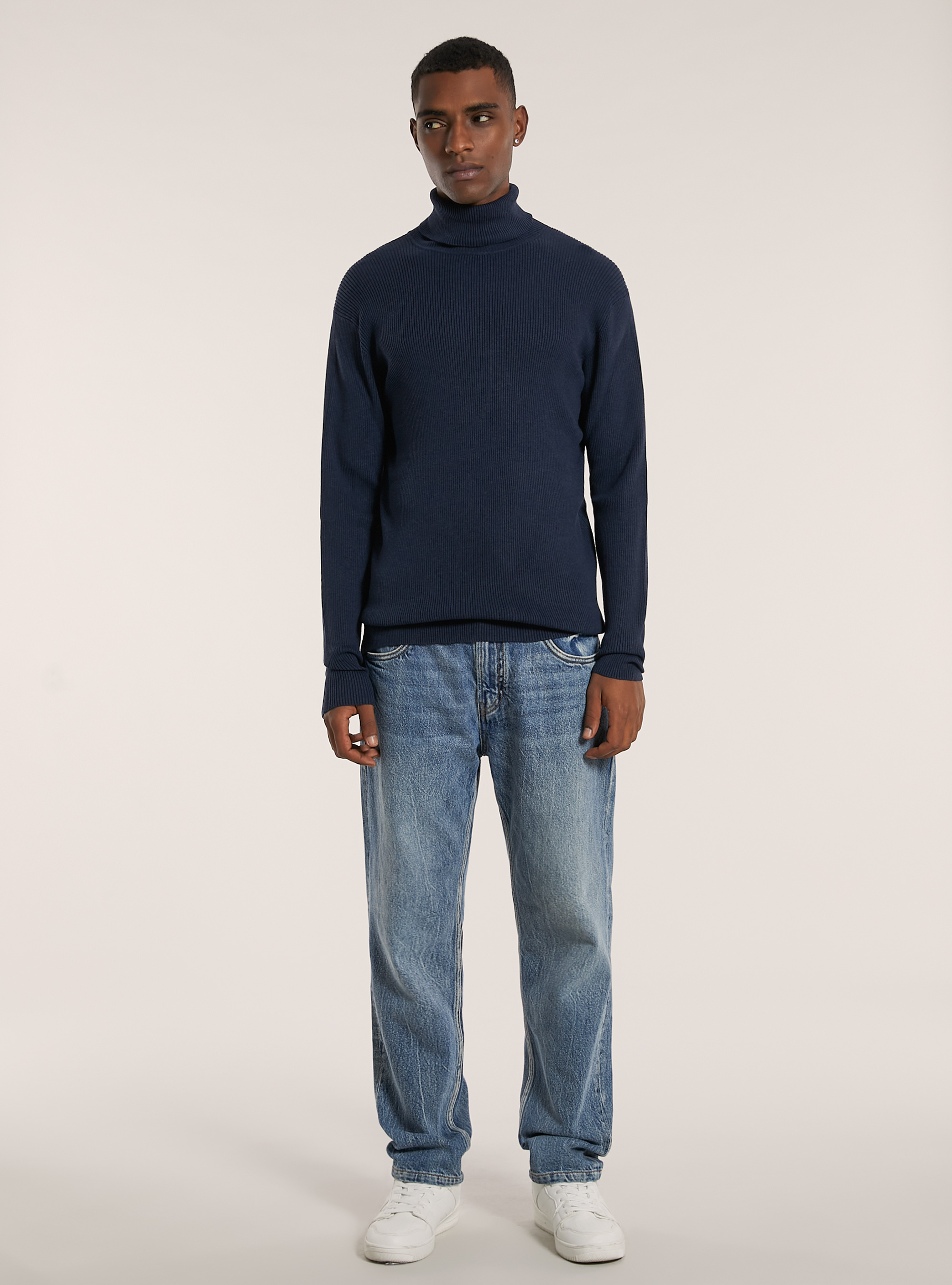 Pullover a collo alto a coste, MNA2 NAVY MEL MED