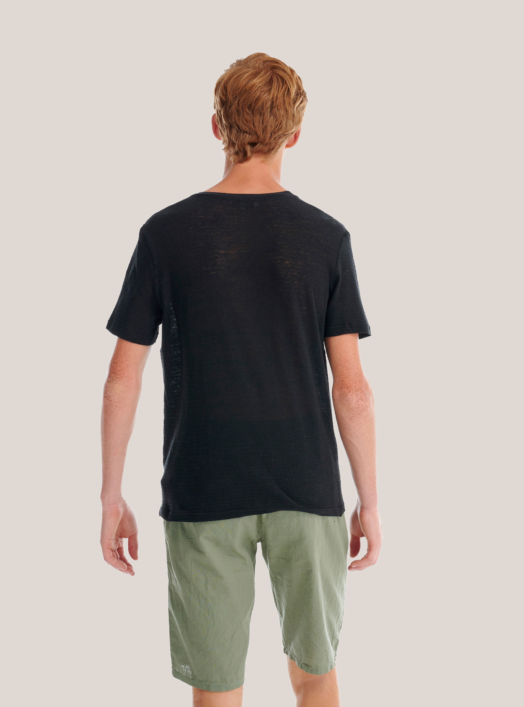 Maglietta serafino in misto lino, NERO